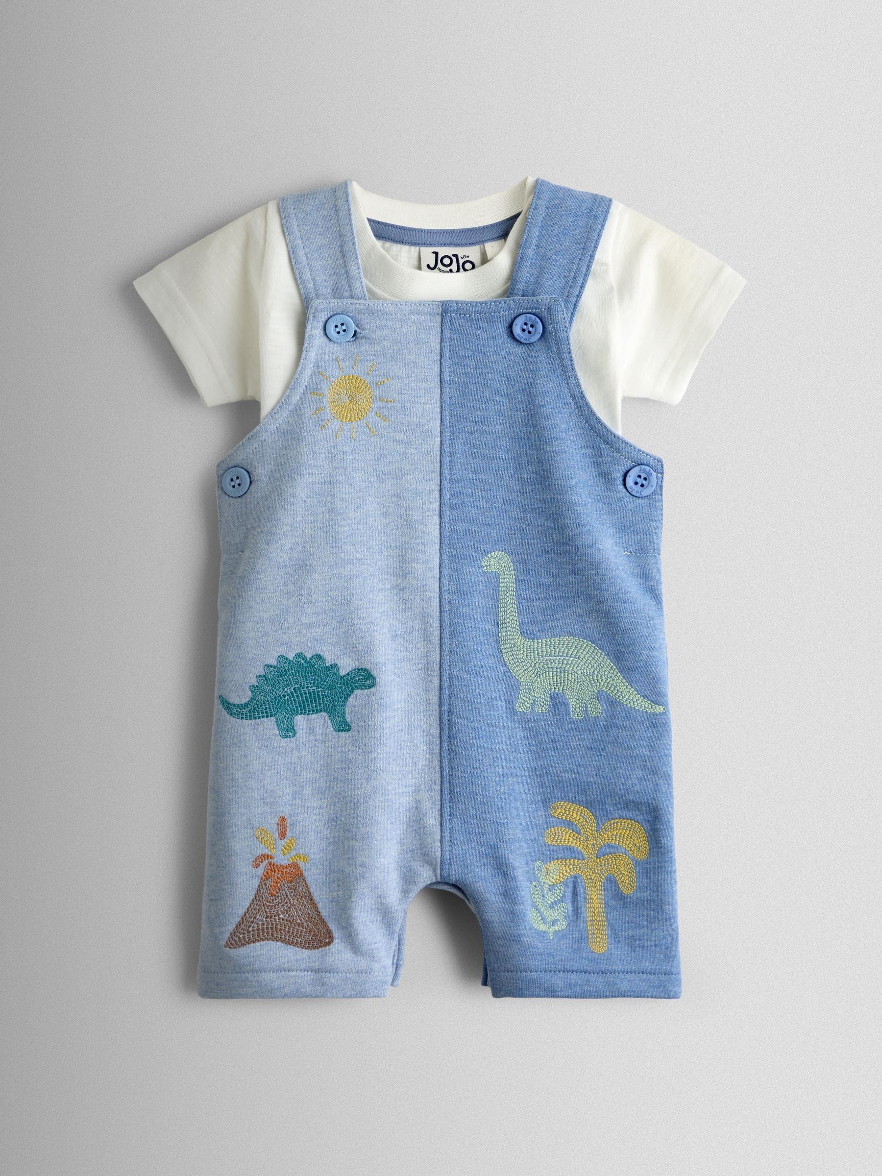 Blue Marl Dino 2-Piece Appliqué Dungaree & T-Shirt Set - Image 1 of 6