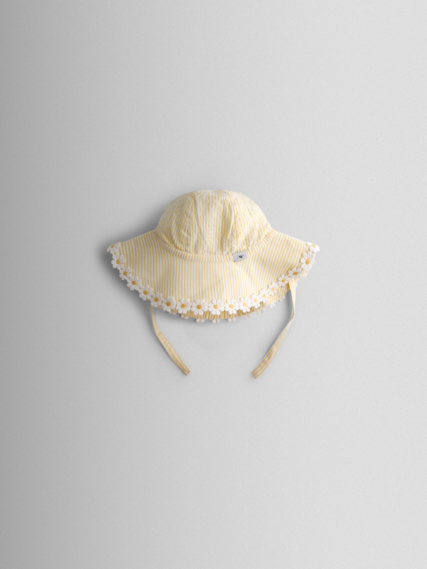 Yellow Daisy Trim Seersucker Floppy Sun Hat | JoJo Maman Bébé