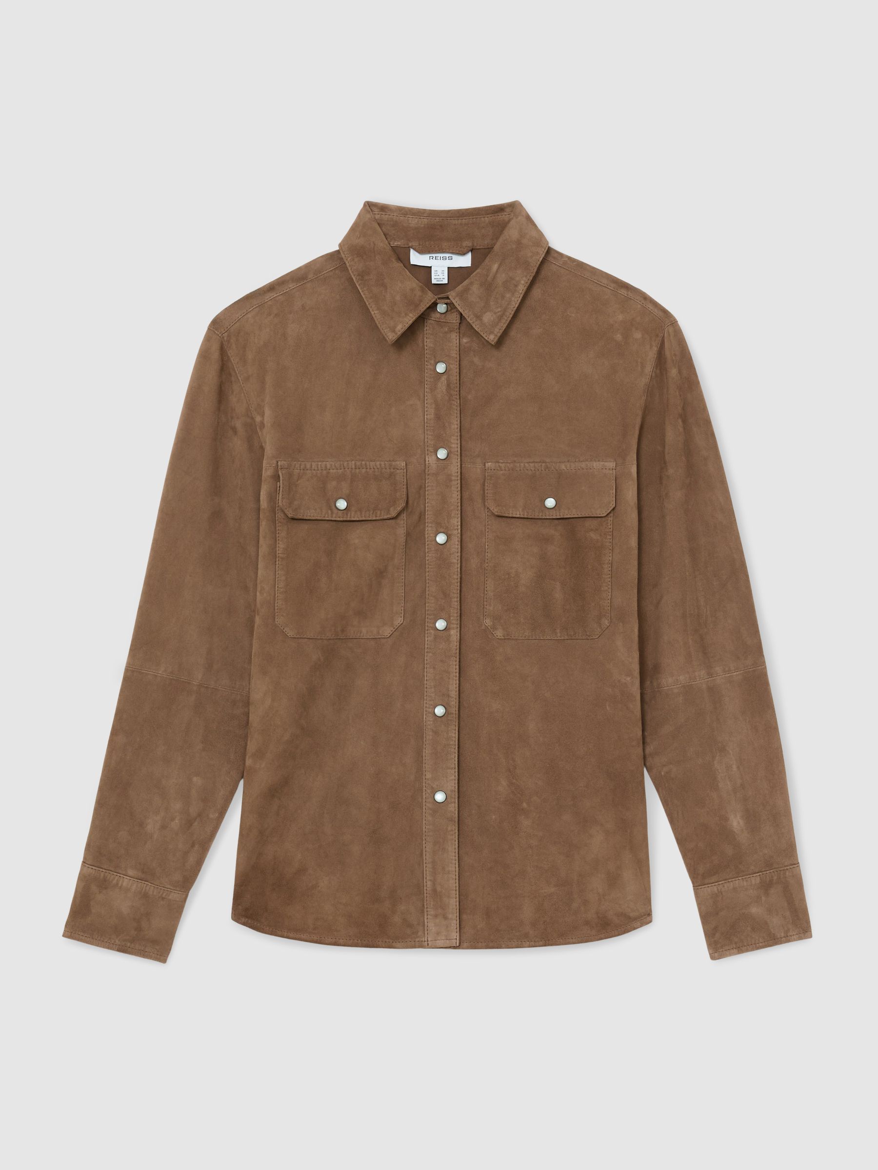 Suede Twin-Pocket Press-Stud Shirt in Taupe Brown - image 1