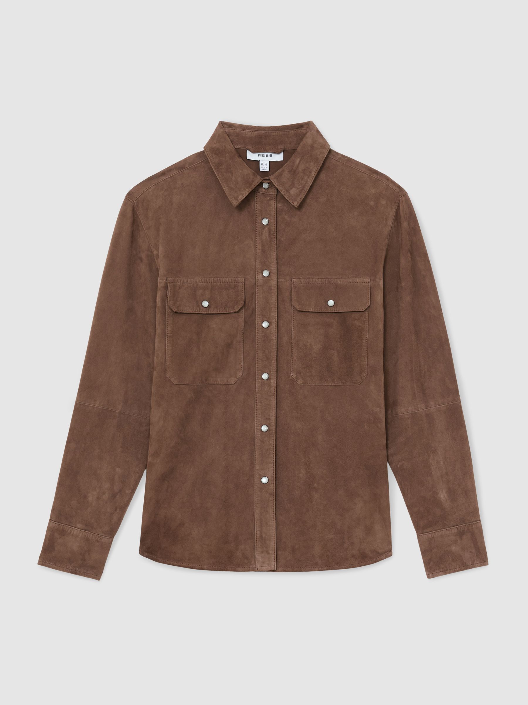 Suede Twin-Pocket Press-Stud Shirt in Taupe Brown - Image 2 of 6 Suede Twin-Pocket Press-Stud Shirt in Taupe Brown - Image 2 of 6