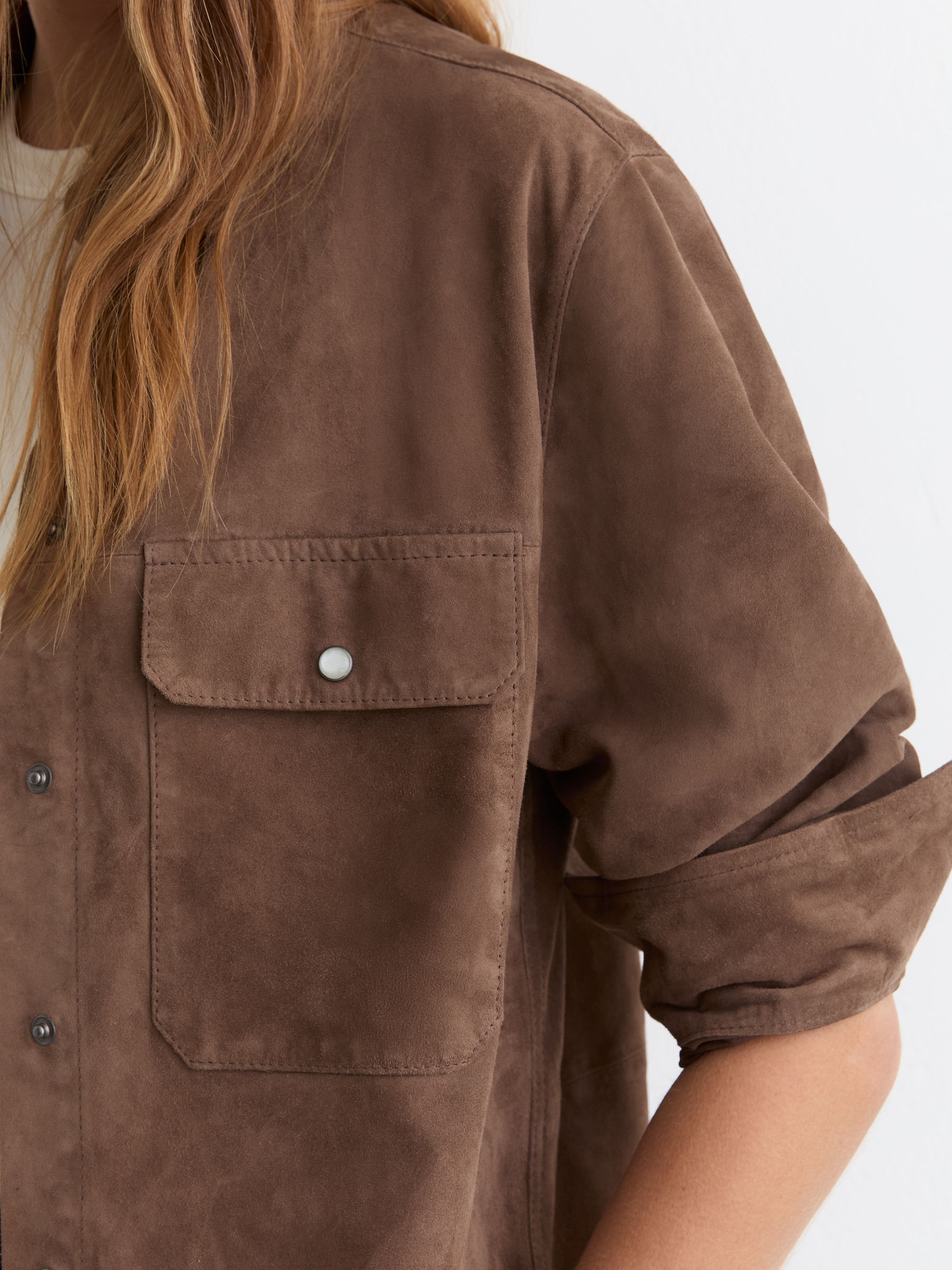 Suede Twin-Pocket Press-Stud Shirt in Taupe Brown - Image 4 of 6