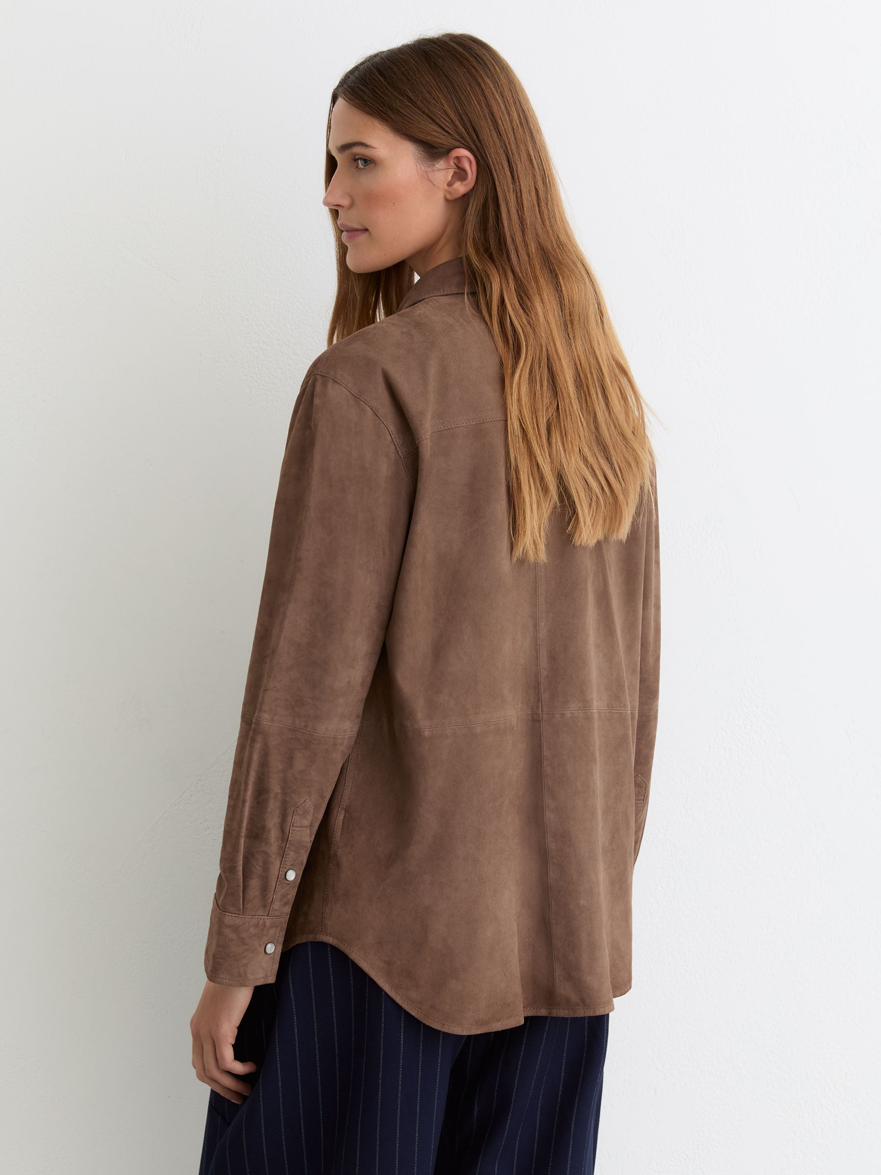 Suede Twin-Pocket Press-Stud Shirt in Taupe Brown - Image 5 of 6