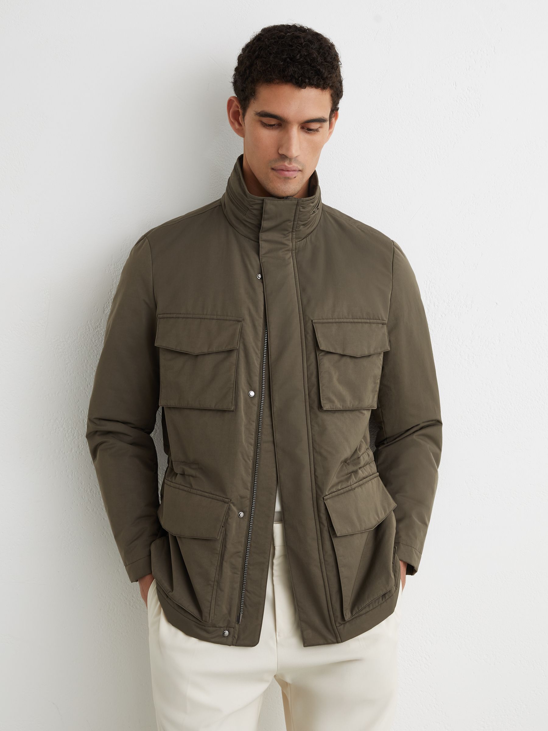 Cotton-Blend Padded Four-Pocket Jacket in Khaki Green - Image 1 of 6