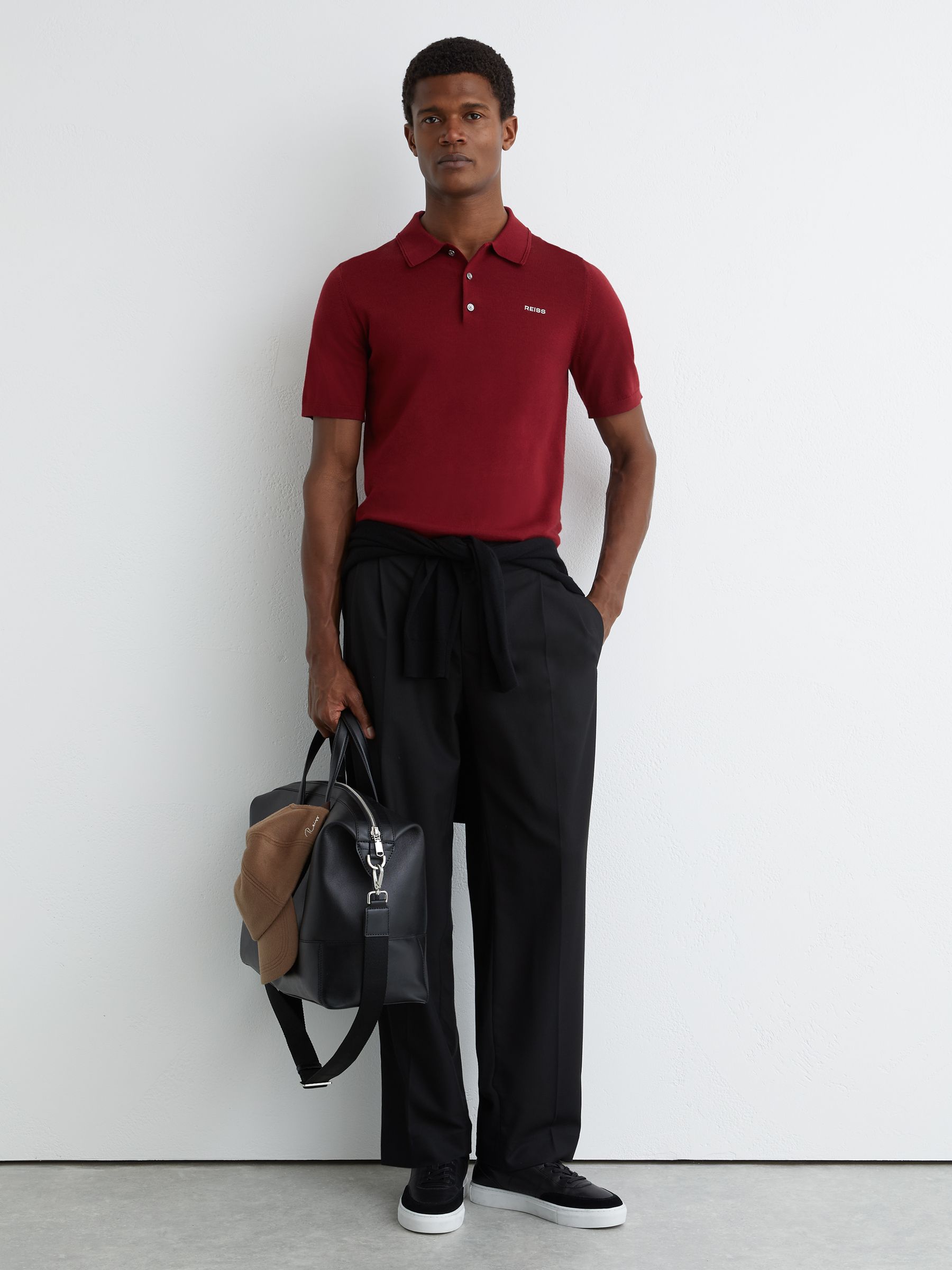 Merino Wool Logo Polo Shirt in Red - Image 3 of 6
