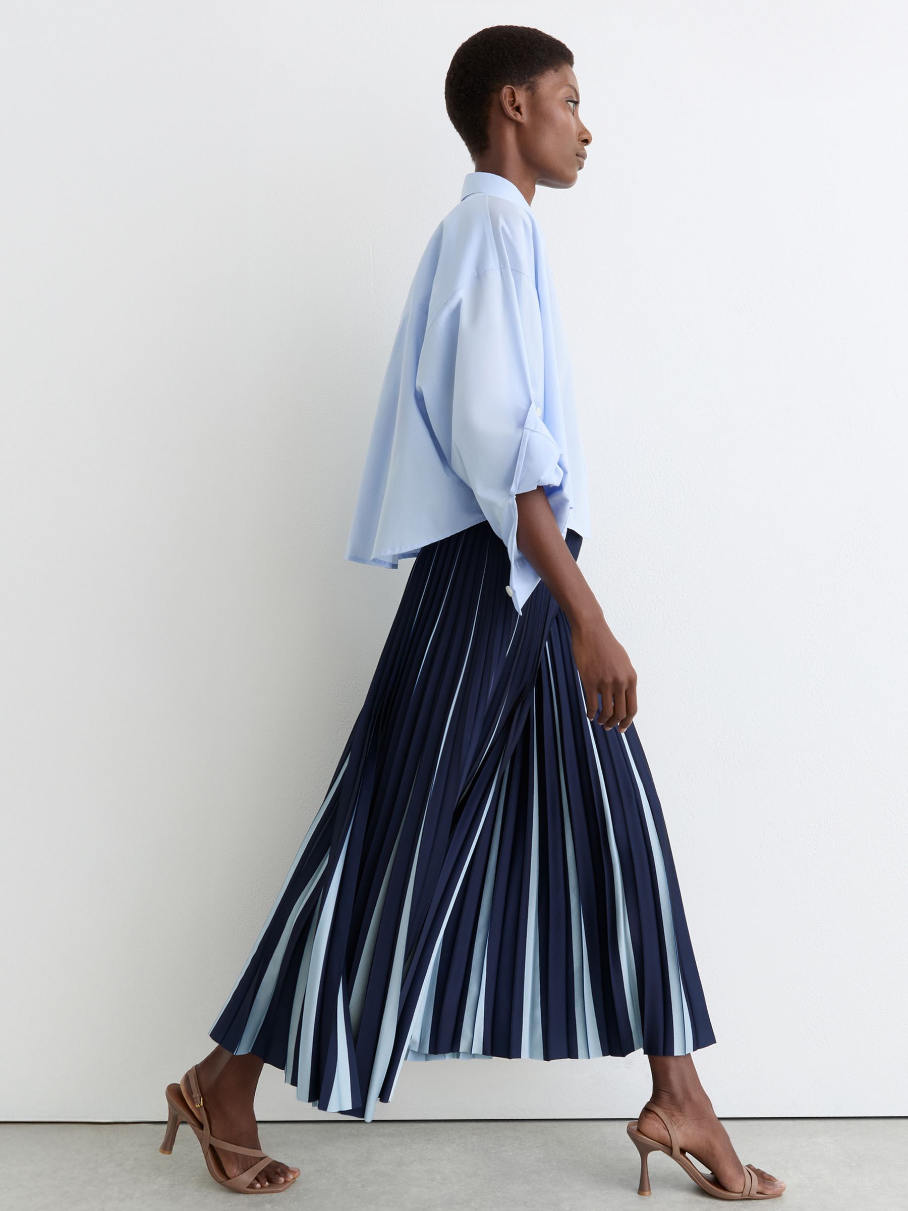 Contrast Pleated Midi Skirt in Navy/Pale Blue - Image 1 of 7