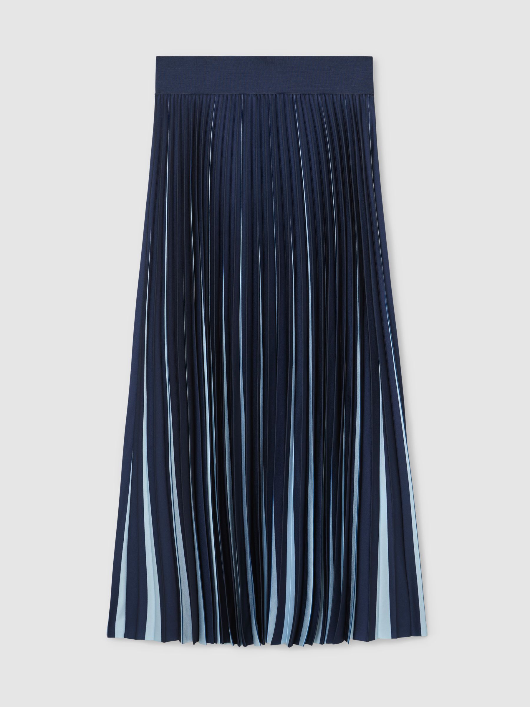 Contrast Pleated Midi Skirt in Navy/Pale Blue