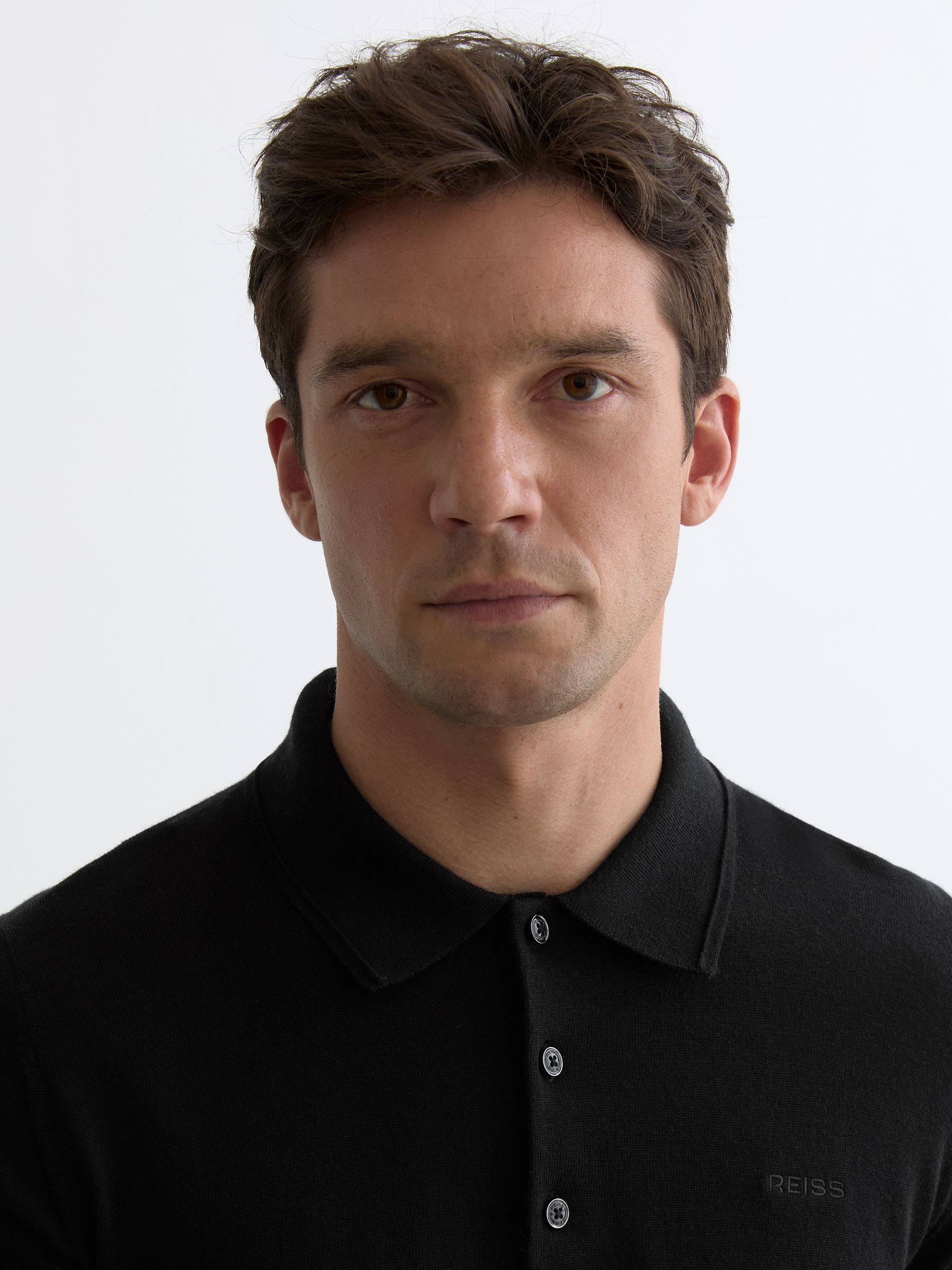 Merino Wool Logo Polo Shirt in Black - Image 3 of 6