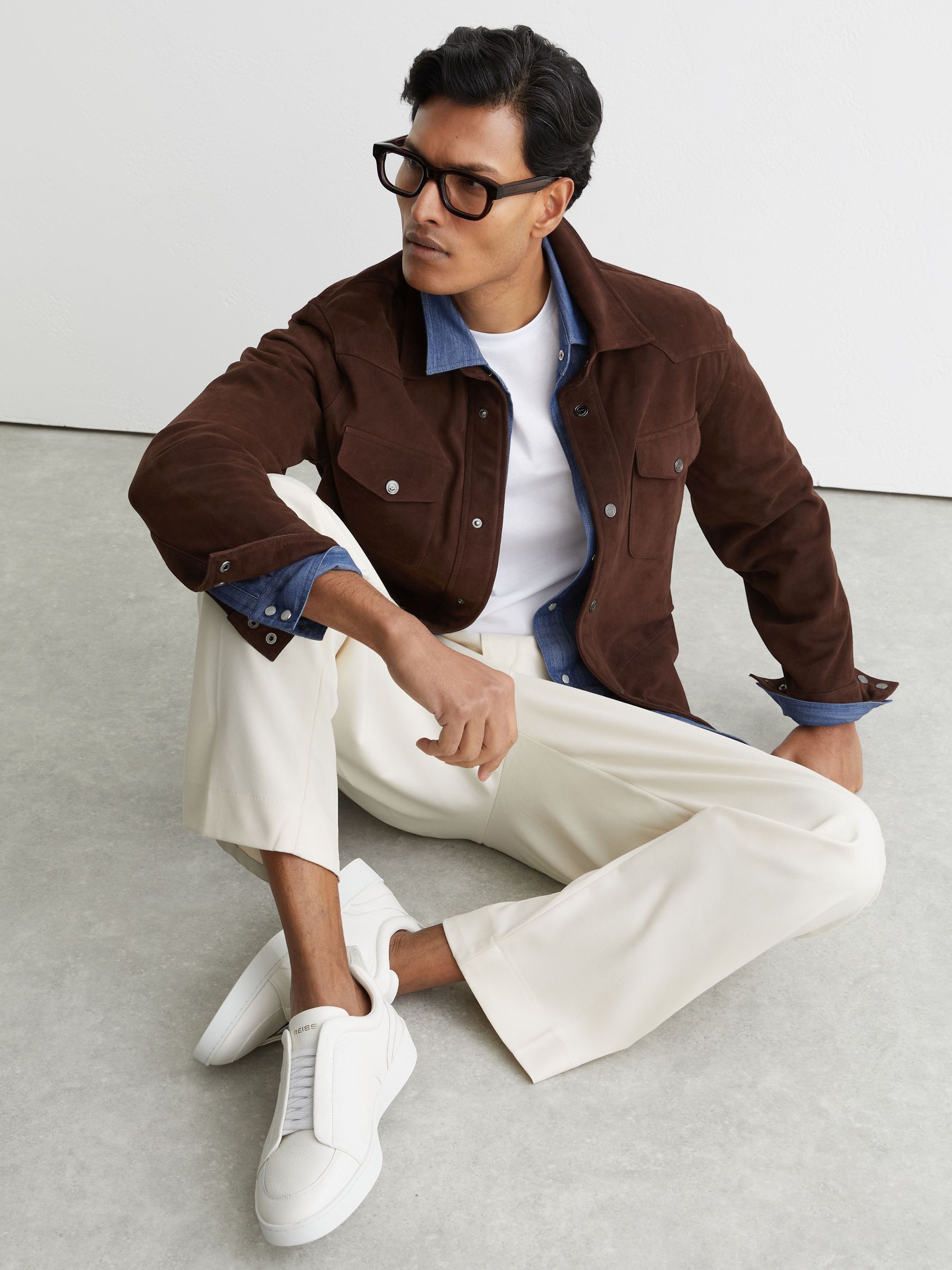 Bonded-Leather Elasticated Trainers in Optic White - Image 2 of 5