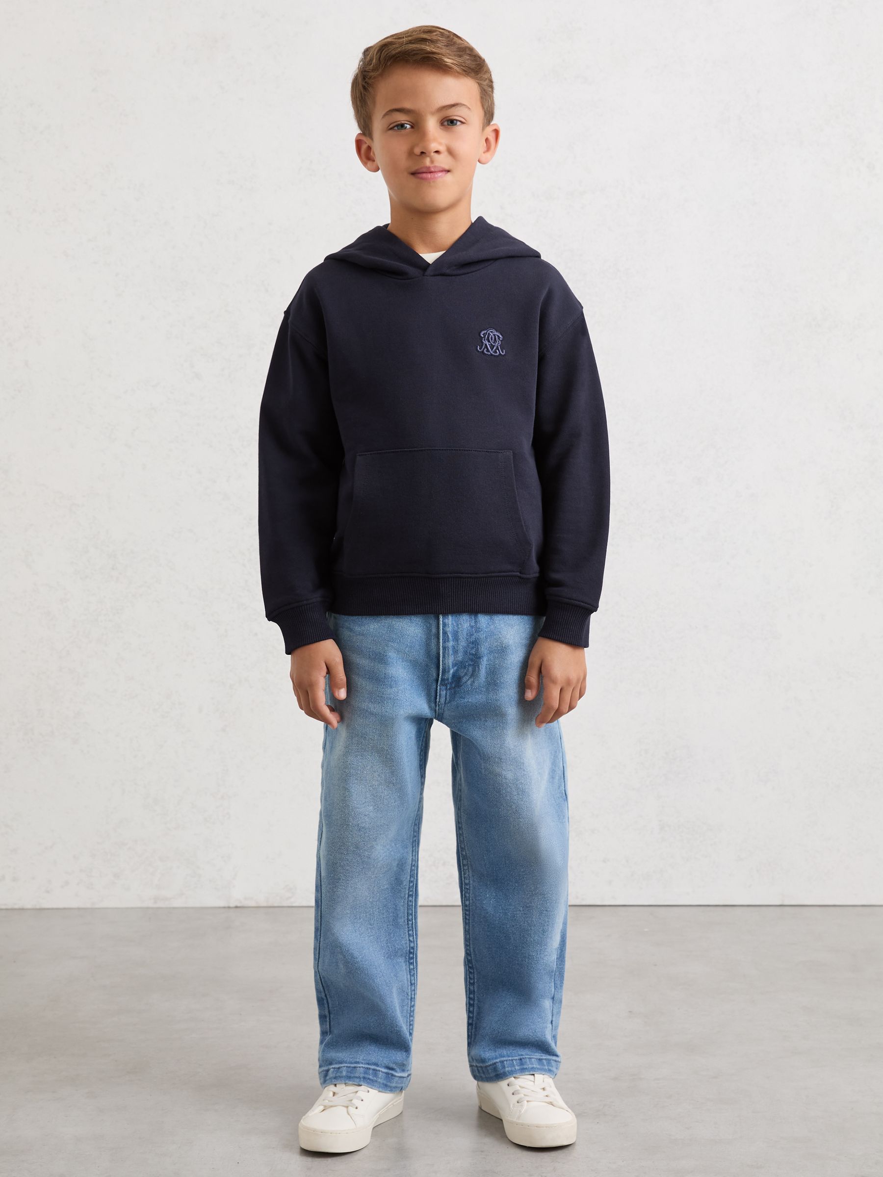 3-9 yrs Monogram Embroidered Relaxed Hoodie in Navy Blue - Image 5 of 6