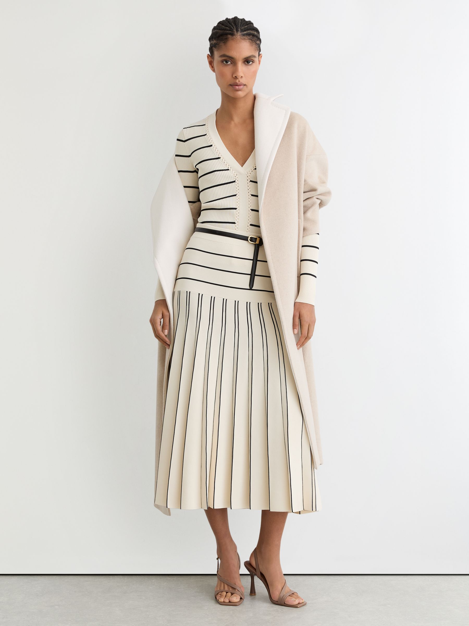 Knitted Stripe Pleated Midi Skirt in Ivory/Black - Image 1 of 6