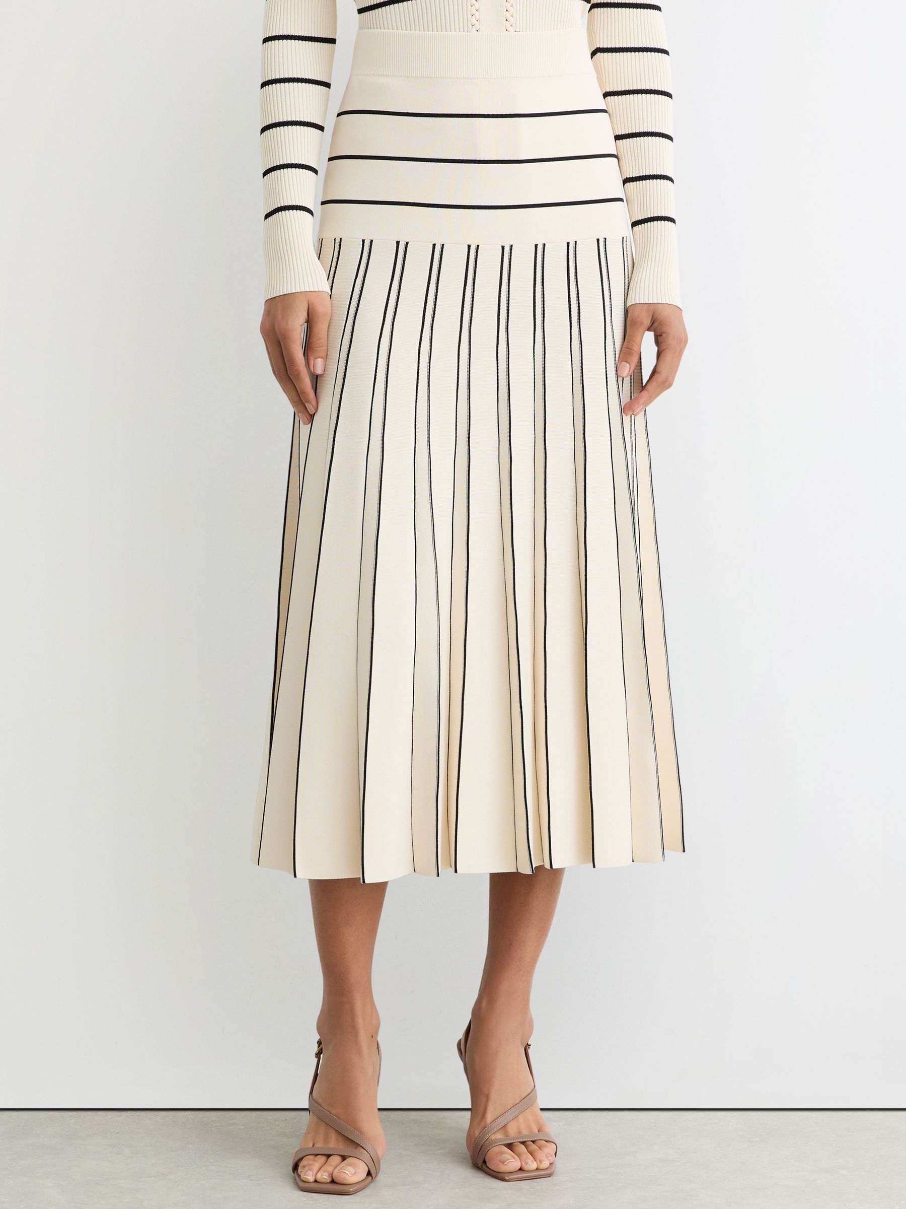 Reiss Knitted Stripe Pleated Midi Skirt in Ivory/Black | REISS
