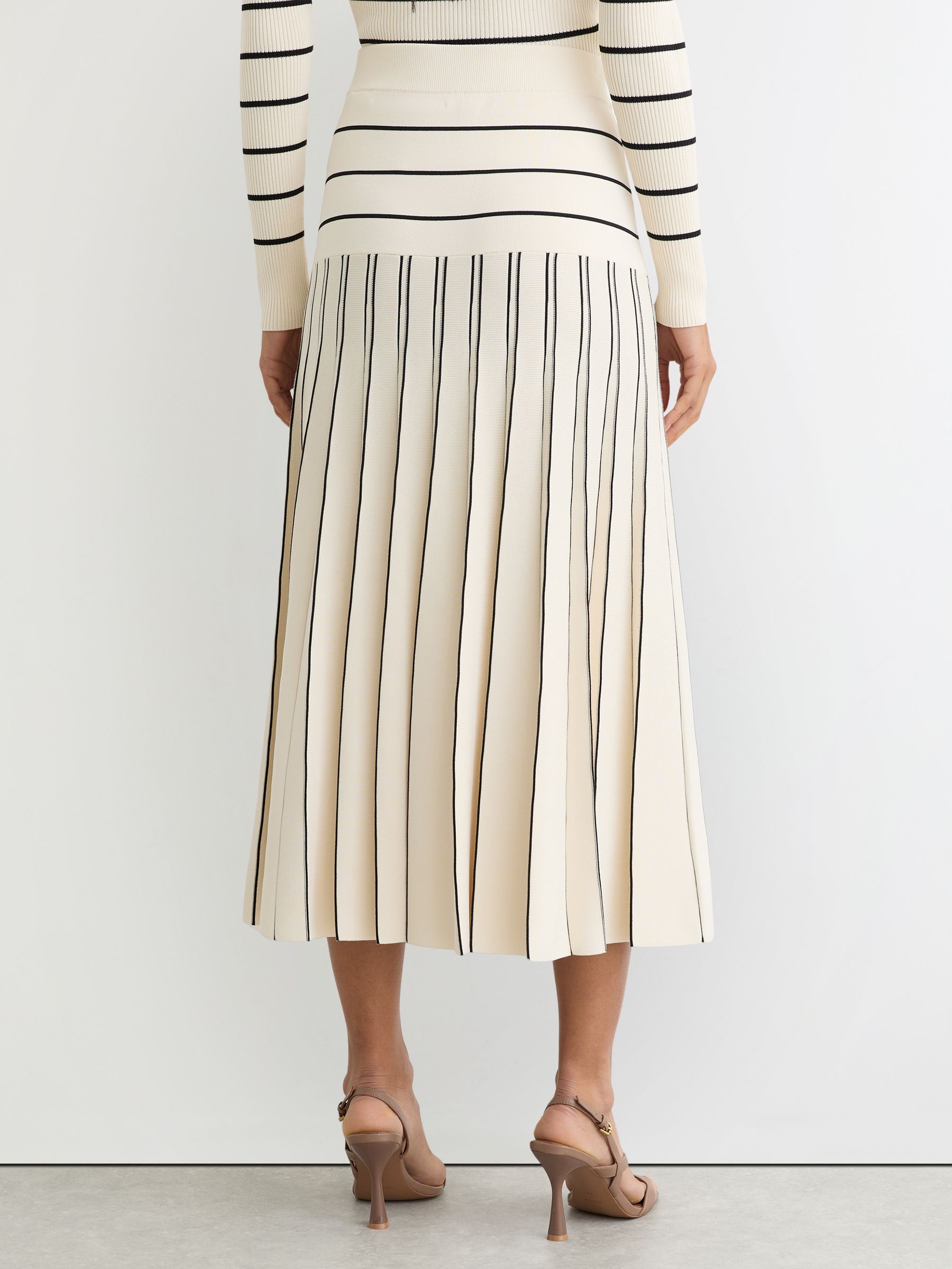 Knitted Stripe Pleated Midi Skirt in Ivory/Black - image 5