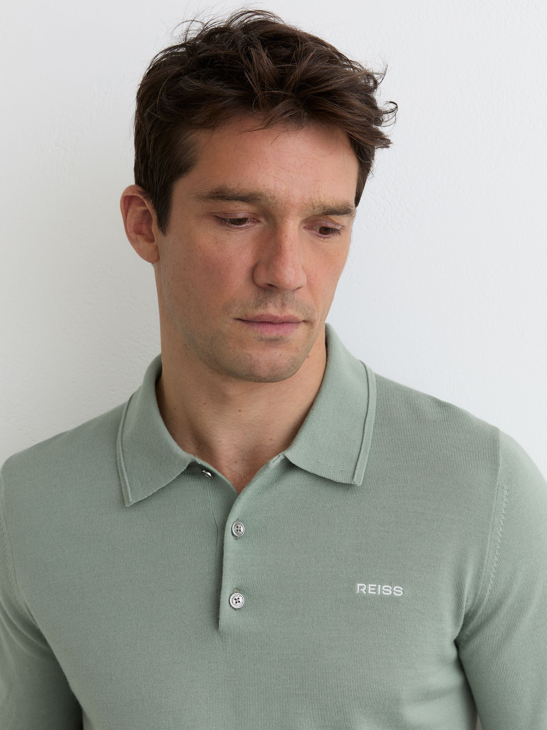 Merino Wool Logo Polo Shirt in Light Sage Green - Image 1 of 5