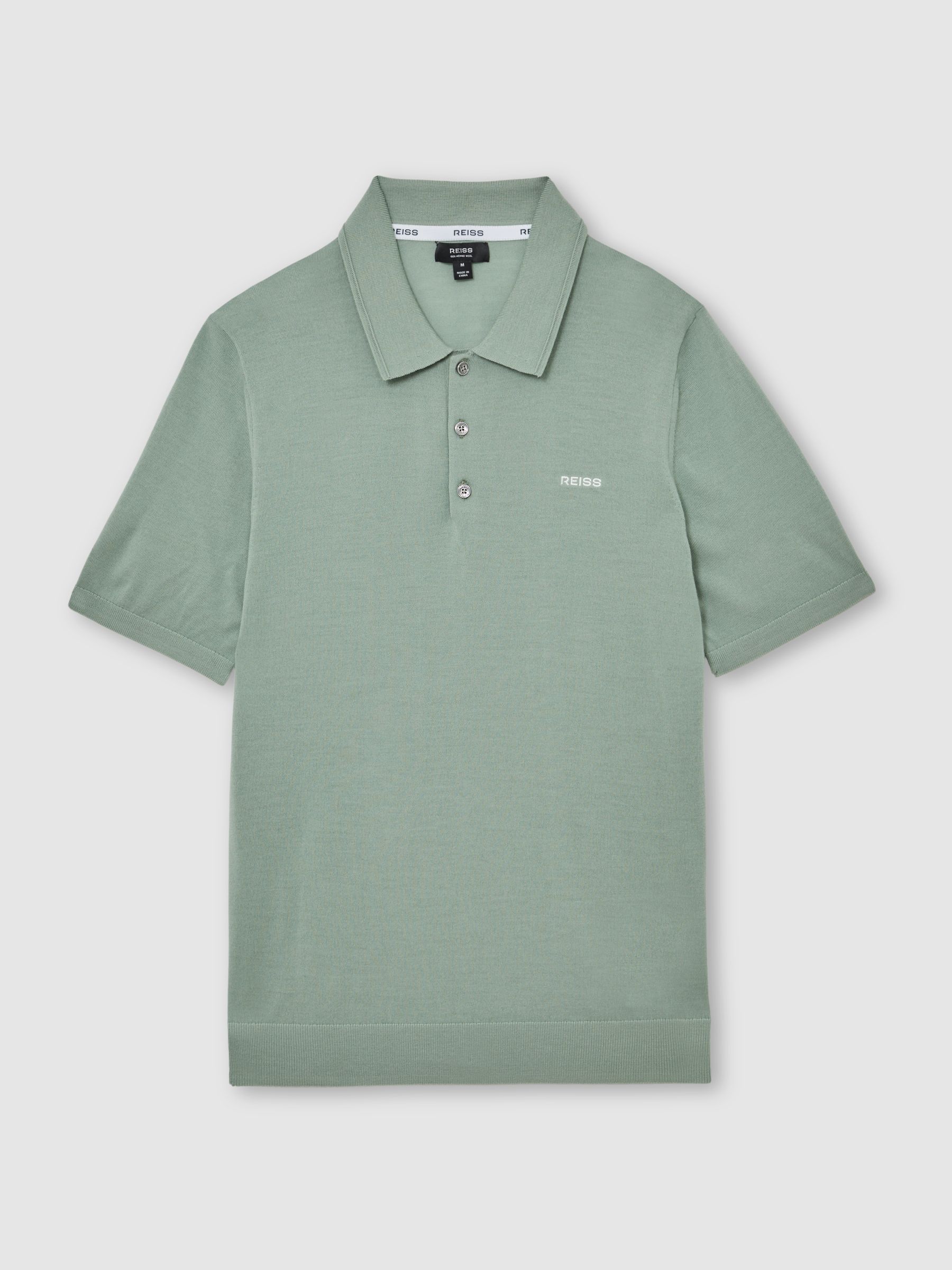Merino Wool Logo Polo Shirt in Light Sage Green - Image 2 of 5