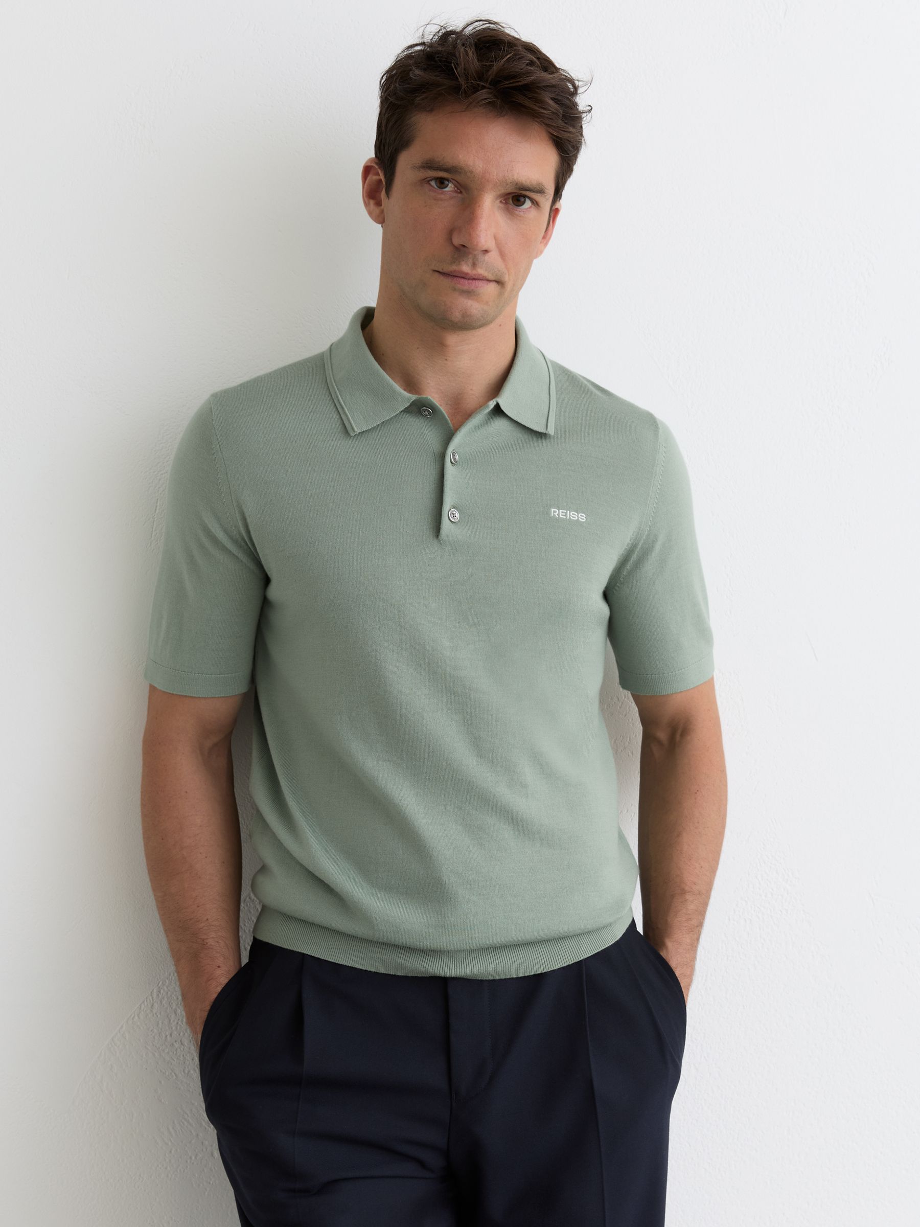 Merino Wool Logo Polo Shirt in Light Sage Green - Image 3 of 5