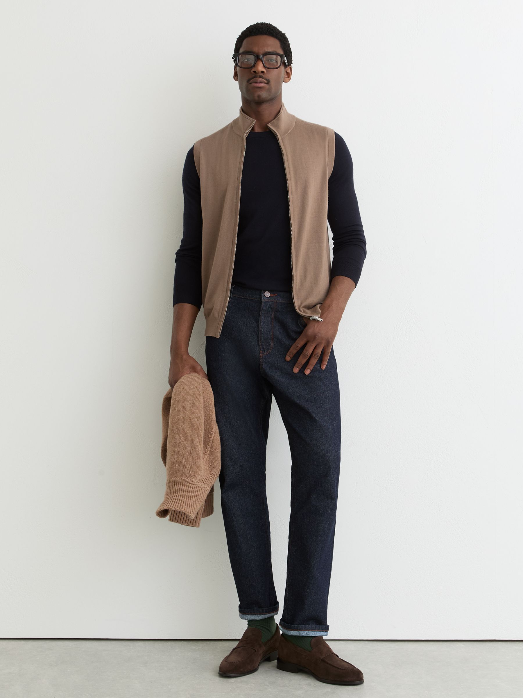 Wool Zip-Through Gilet in Camel Brown - image 2