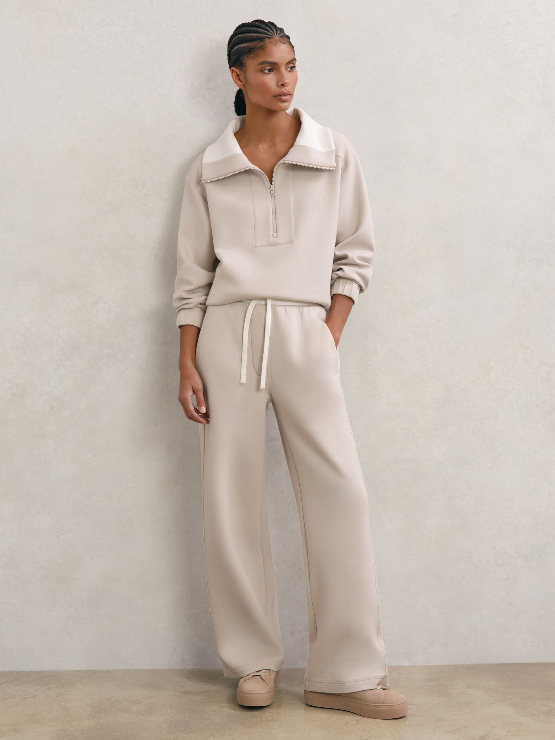 Petite Premium Interlock Wide-Leg Joggers in Stone - Image 1 of 6
