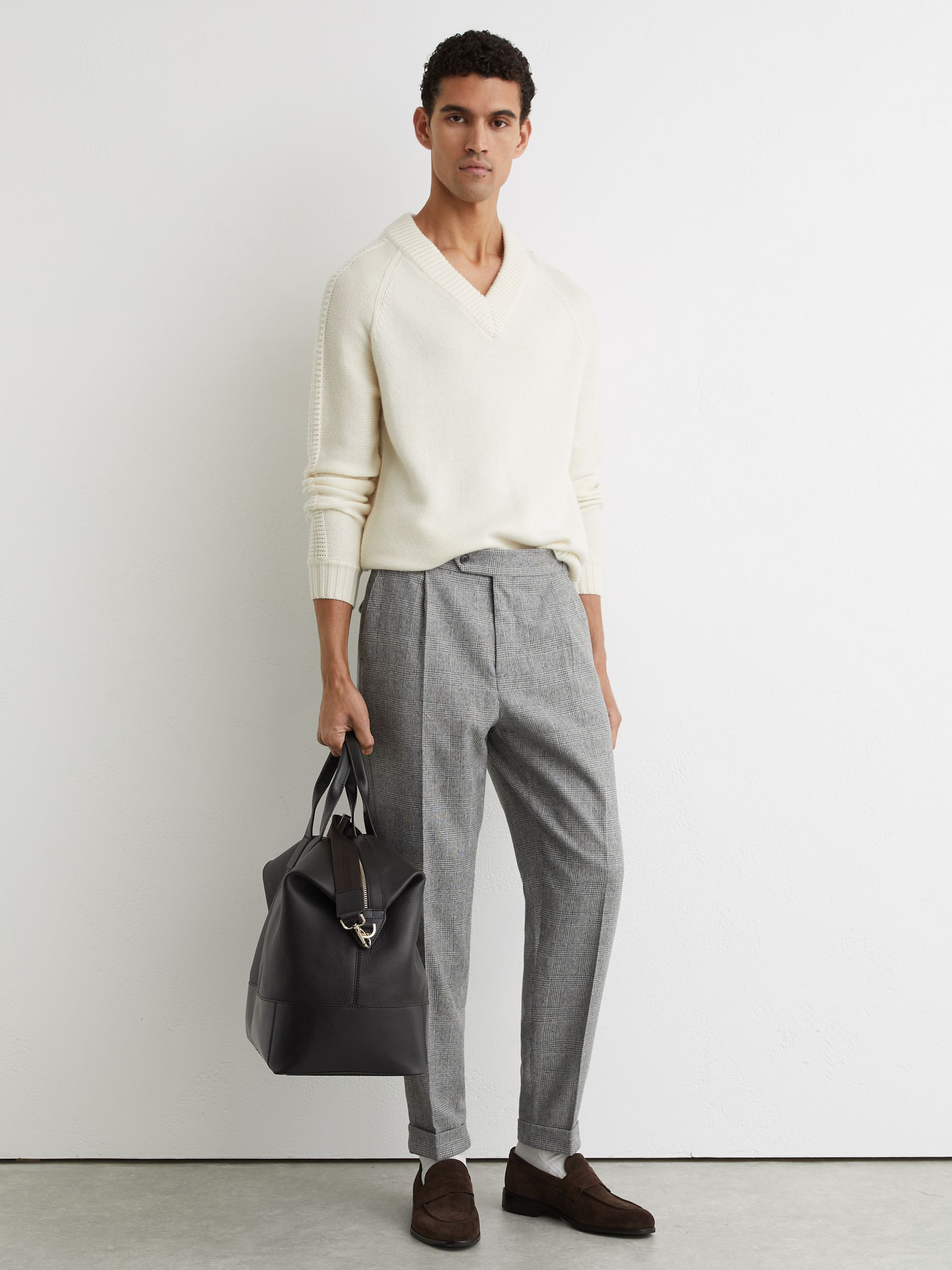 Wool-Blend Check Tapered Trousers in Grey - Image 1 of 6