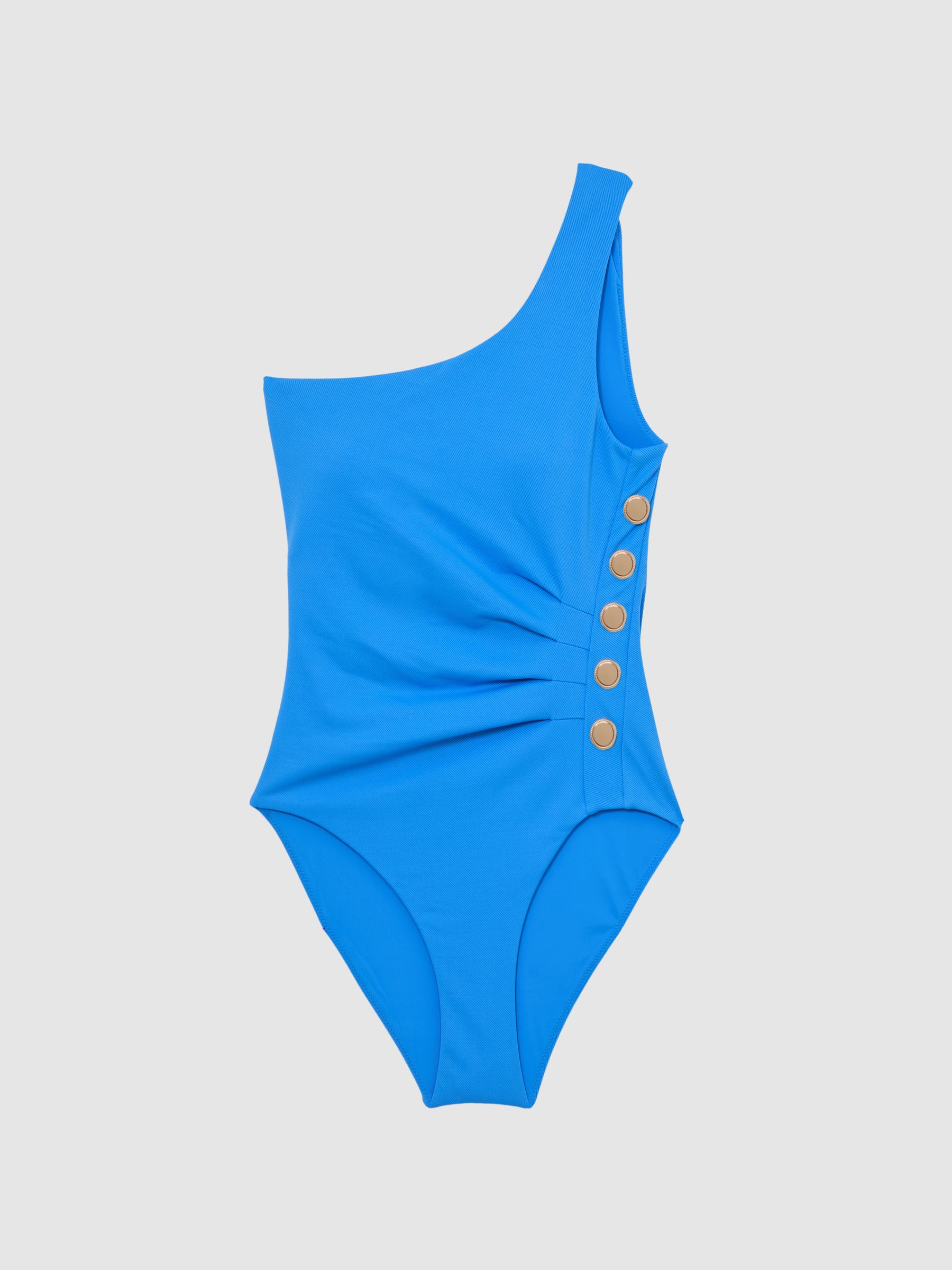 One-Shoulder Button-Detail Swimsuit in Blue - image 1