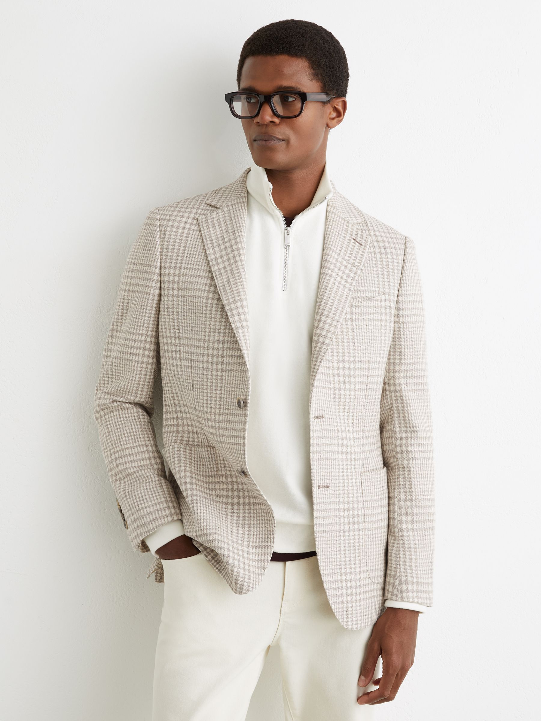 Cotton and Wool Single-Breasted Blazer Classic-Fit in Check in Soft Grey - Image 1 of 8 Cotton and Wool Single-Breasted Blazer Classic-Fit in Check in Soft Grey - Image 1 of 8