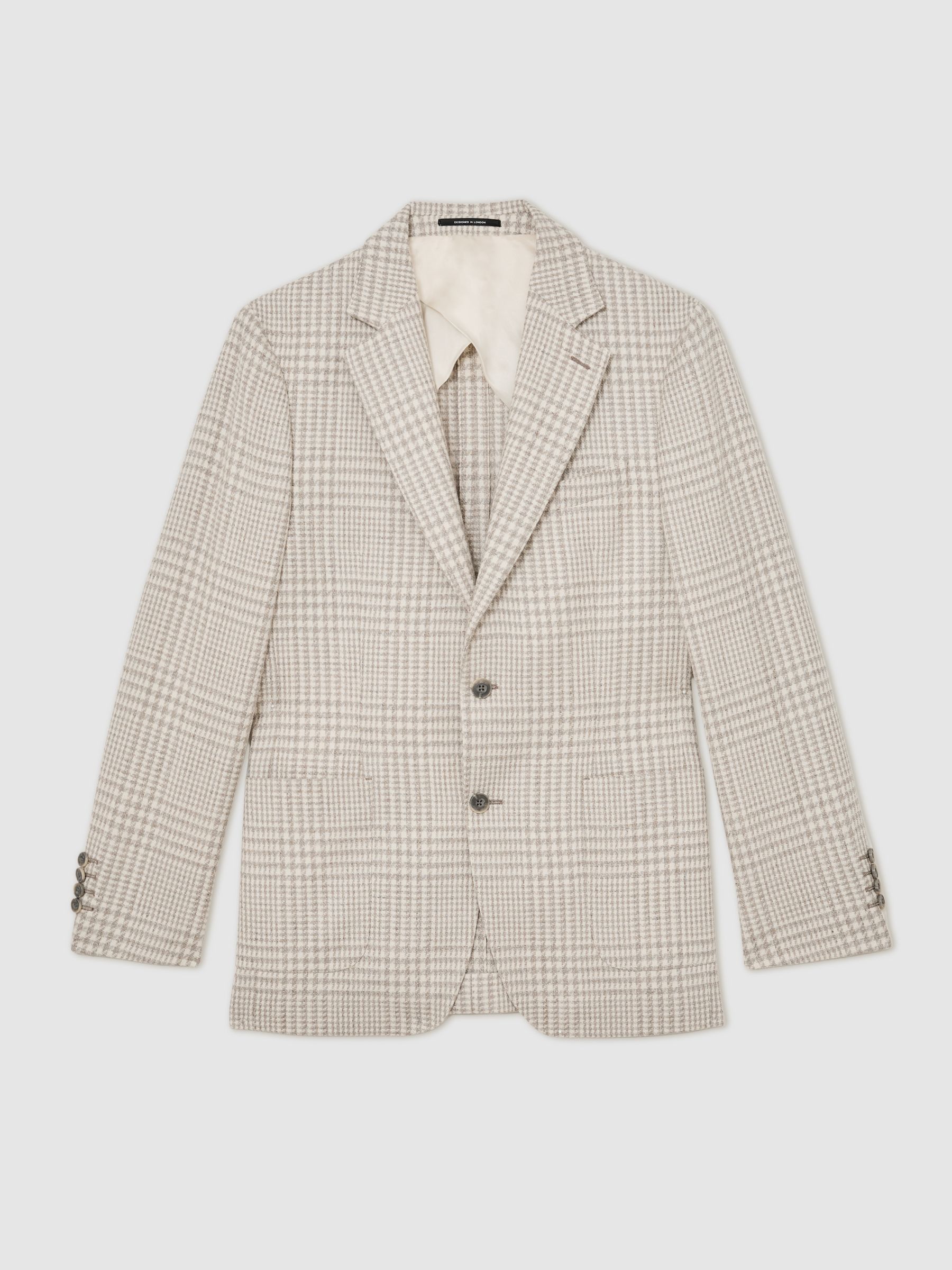 Cotton and Wool Single-Breasted Blazer Classic-Fit in Check in Soft Grey - Image 2 of 8 Cotton and Wool Single-Breasted Blazer Classic-Fit in Check in Soft Grey - Image 2 of 8