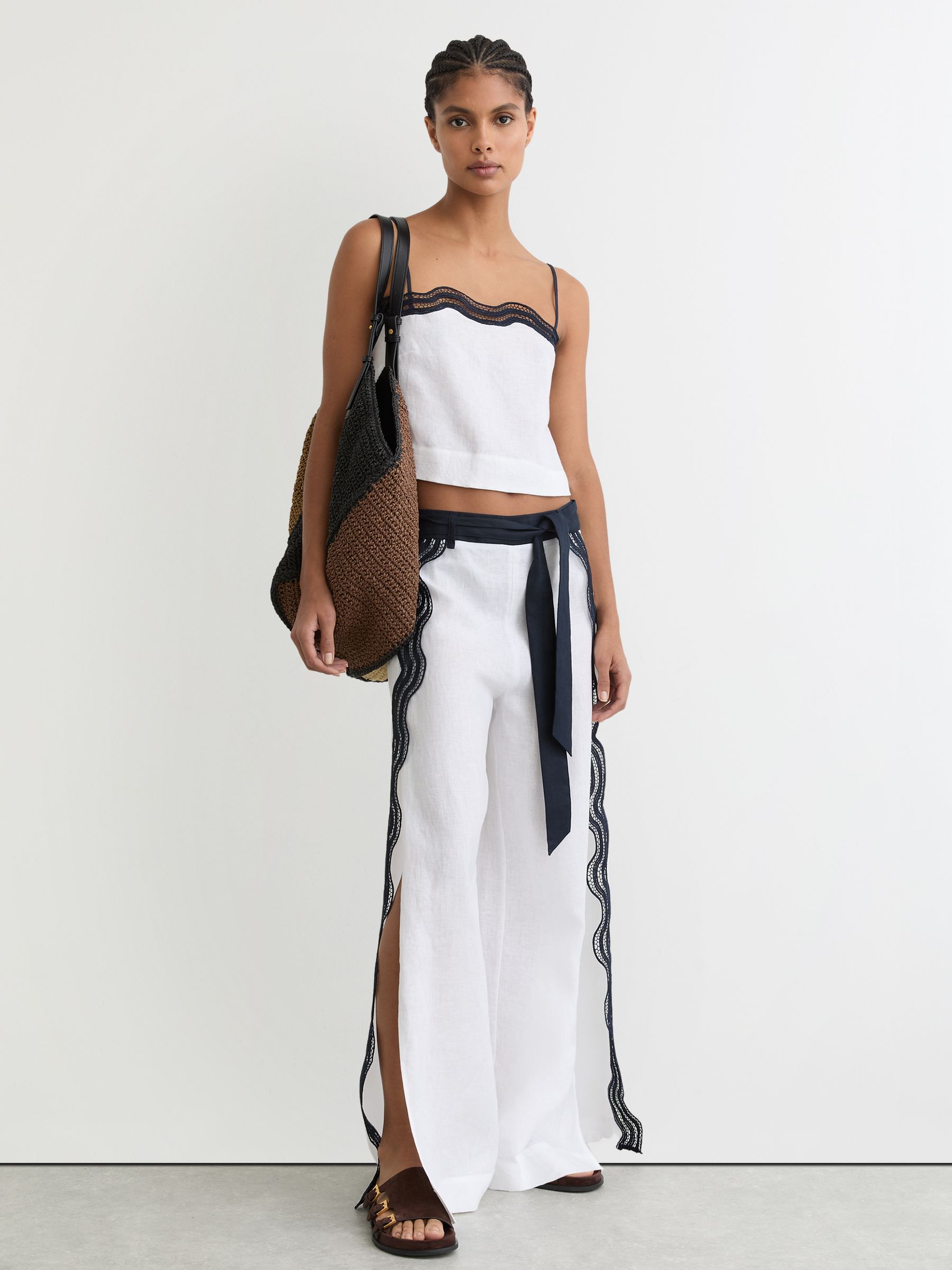 Side Scallop Trousers in Ivory/Navy - Image 1 of 6