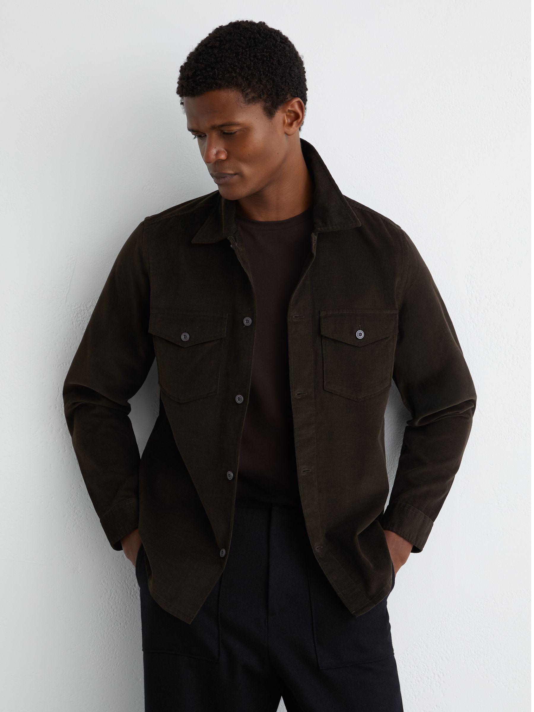 Cotton Corduroy Twin-Pocket Overshirt in Dark Green - Image 3 of 6