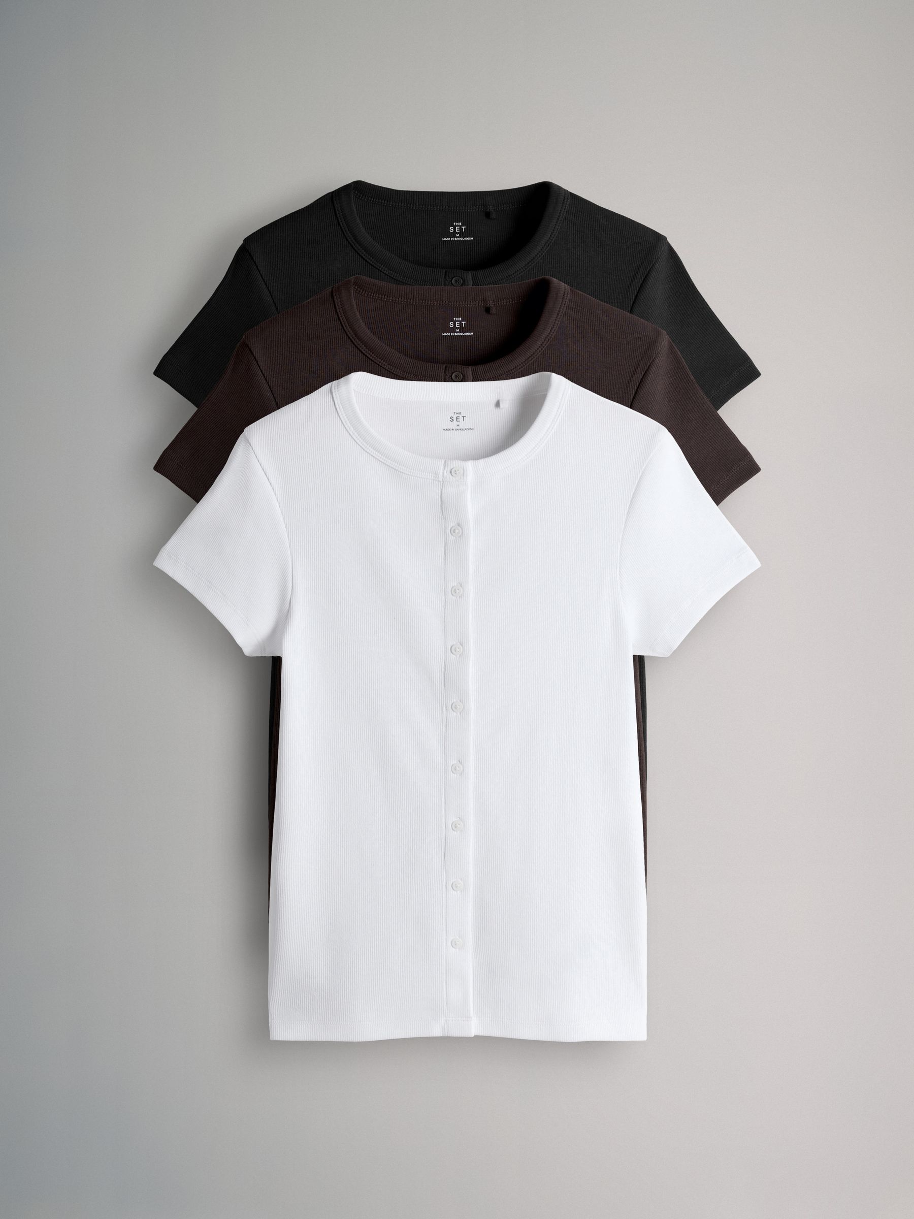 Black/Chocolate Brown/White 3 Pack Short Sleeve Button Through Rib T-Shirts - Image 1 of 6