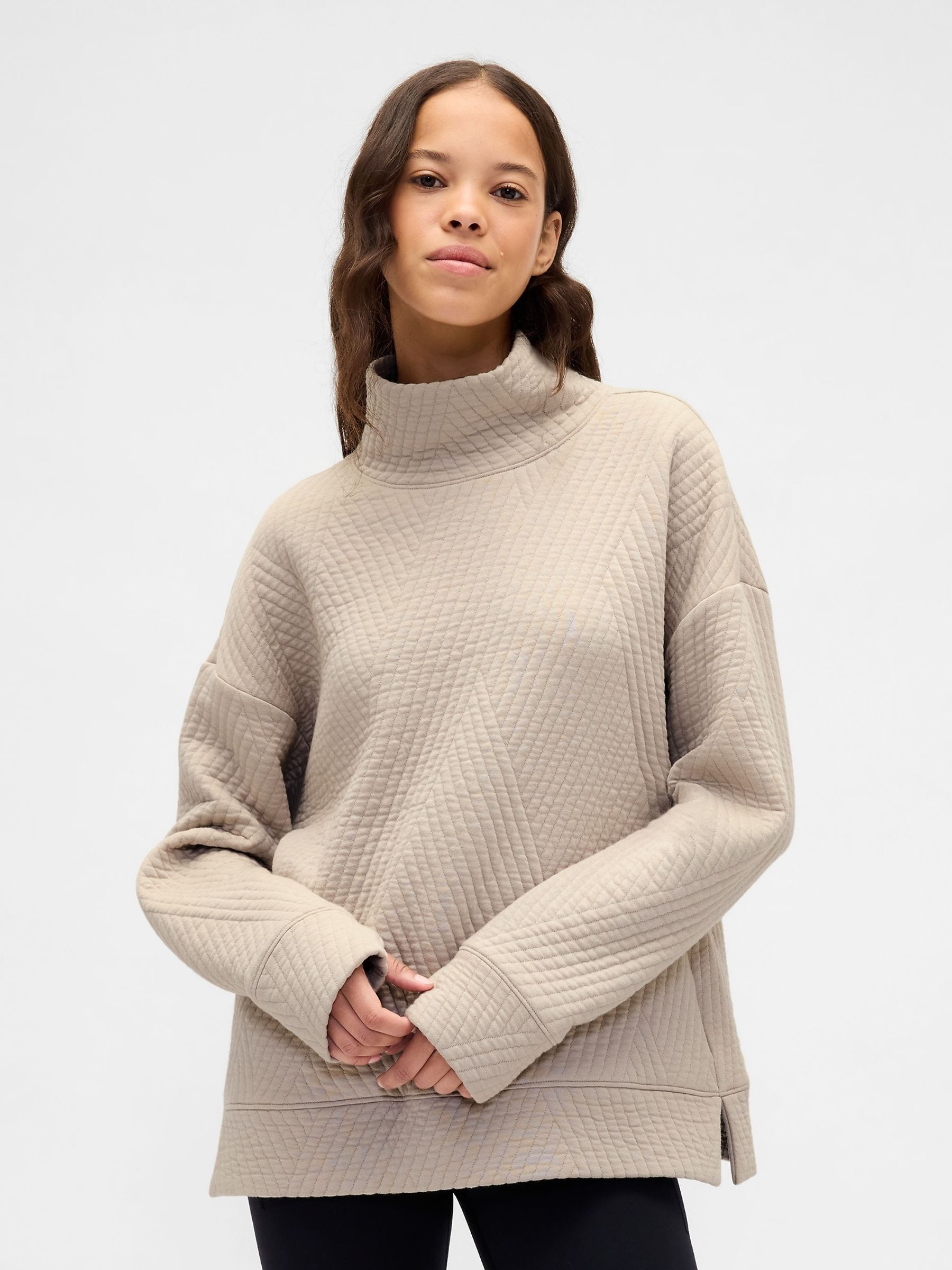 Beige Quilted Jacquard Knit Funnel-Neck Pullover Jumper - Image 1 of 3 Beige Quilted Jacquard Knit Funnel-Neck Pullover Jumper - Image 1 of 3