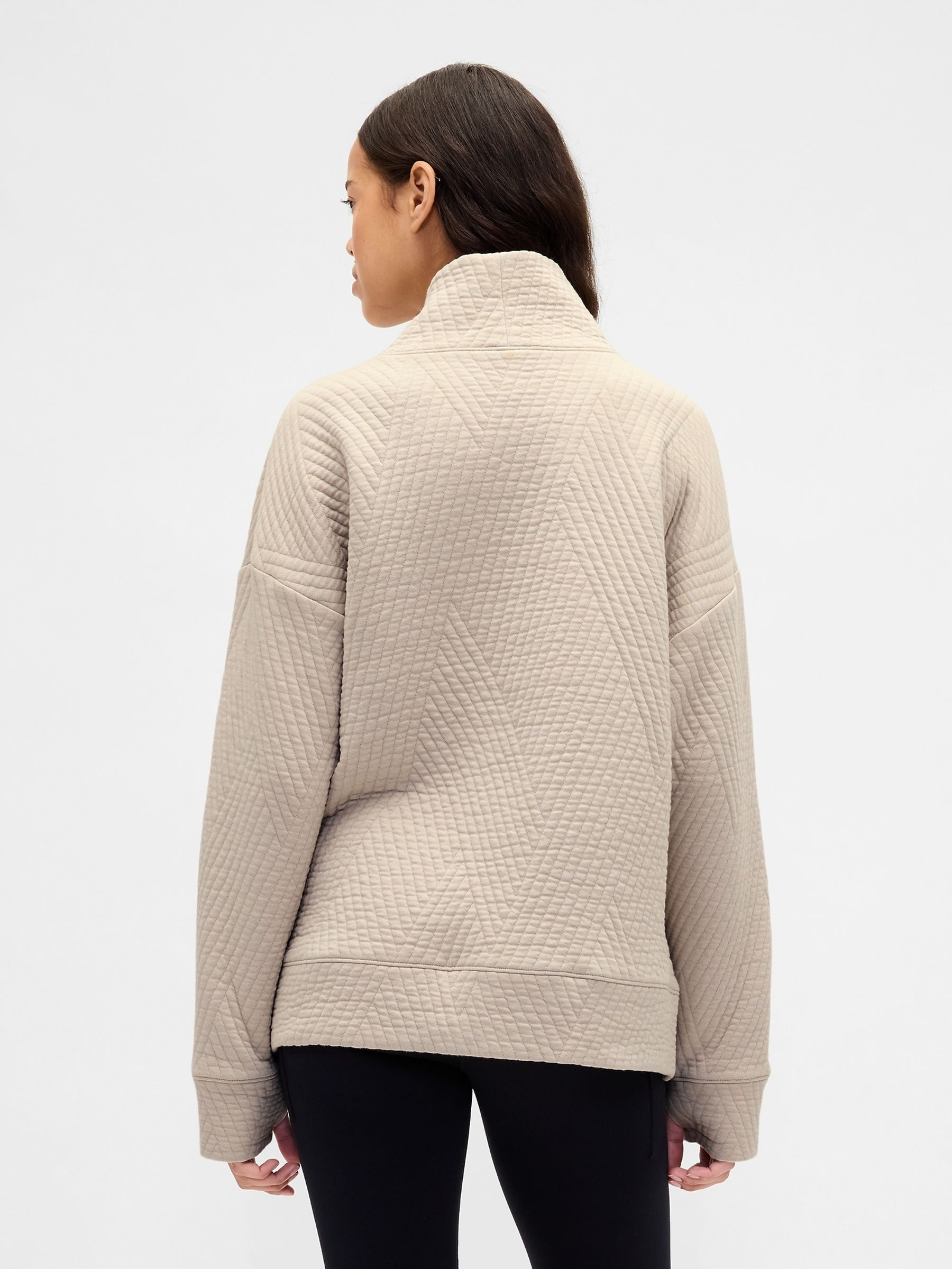 Beige Quilted Jacquard Knit Funnel-Neck Pullover Jumper - Image 2 of 3 Beige Quilted Jacquard Knit Funnel-Neck Pullover Jumper - Image 2 of 3