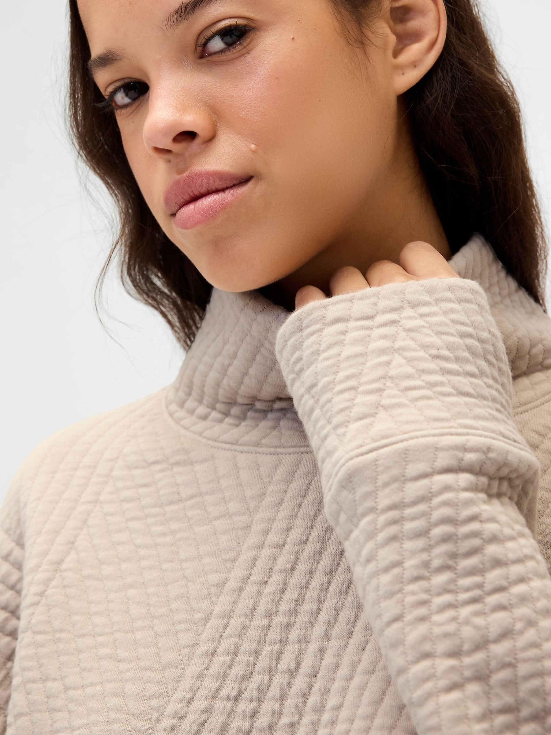 Beige Quilted Jacquard Knit Funnel-Neck Pullover Jumper - Image 3 of 3
