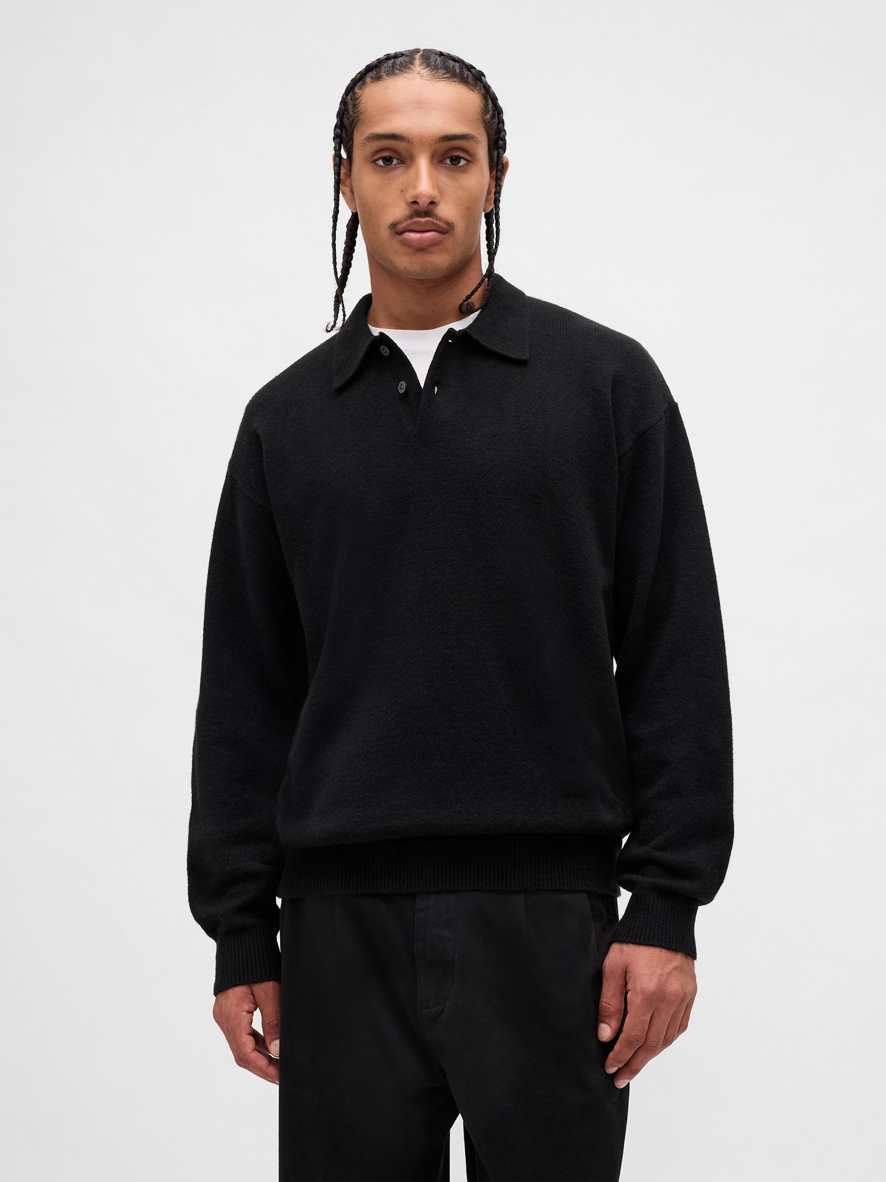Black CashSoft Relaxed Polo Sweatshirt - Image 1 of 4 Black CashSoft Relaxed Polo Sweatshirt - Image 1 of 4