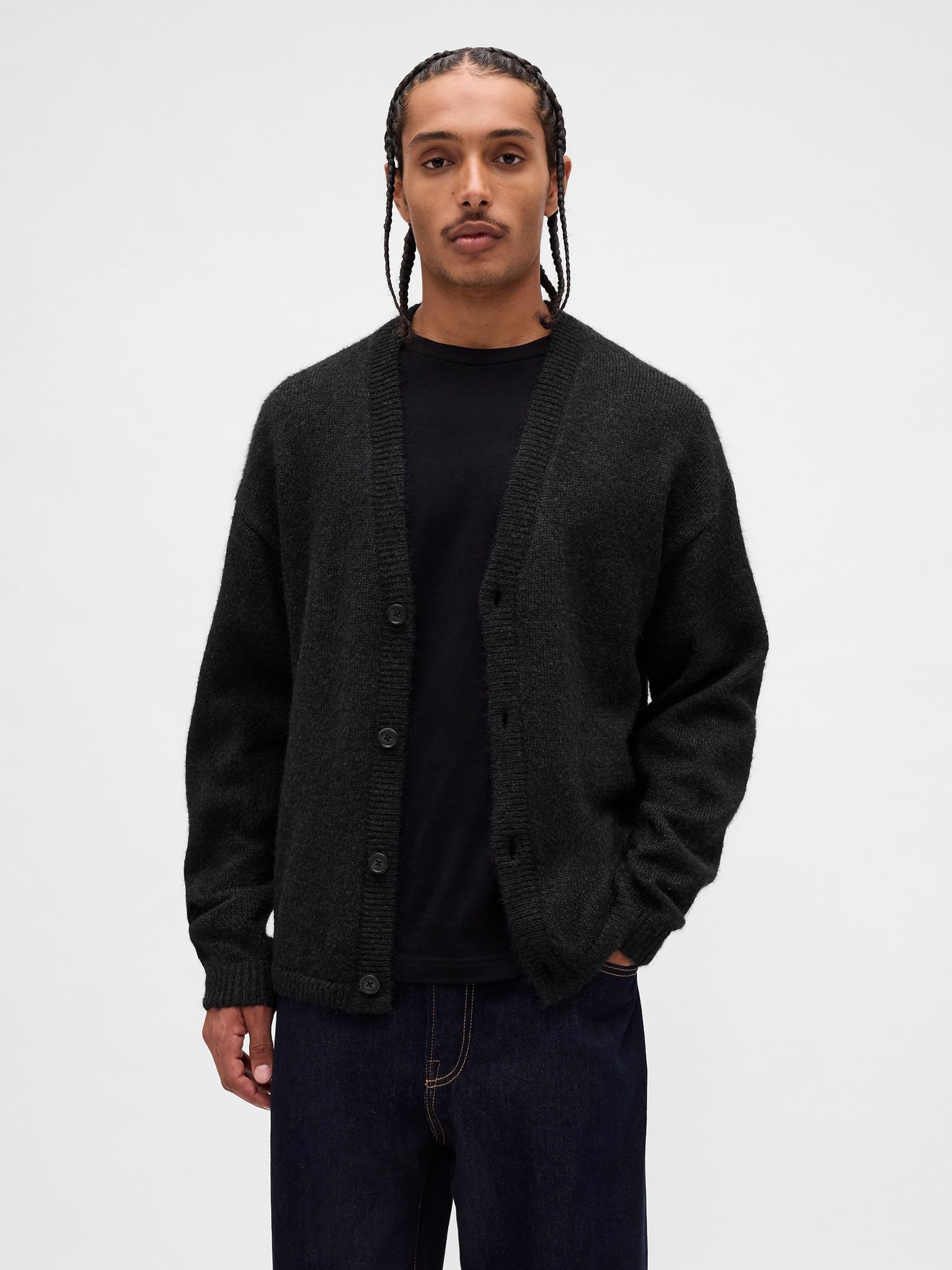 Black Fuzzy Relaxed Crop Cardigan - Image 1 of 4 Black Fuzzy Relaxed Crop Cardigan - Image 1 of 4