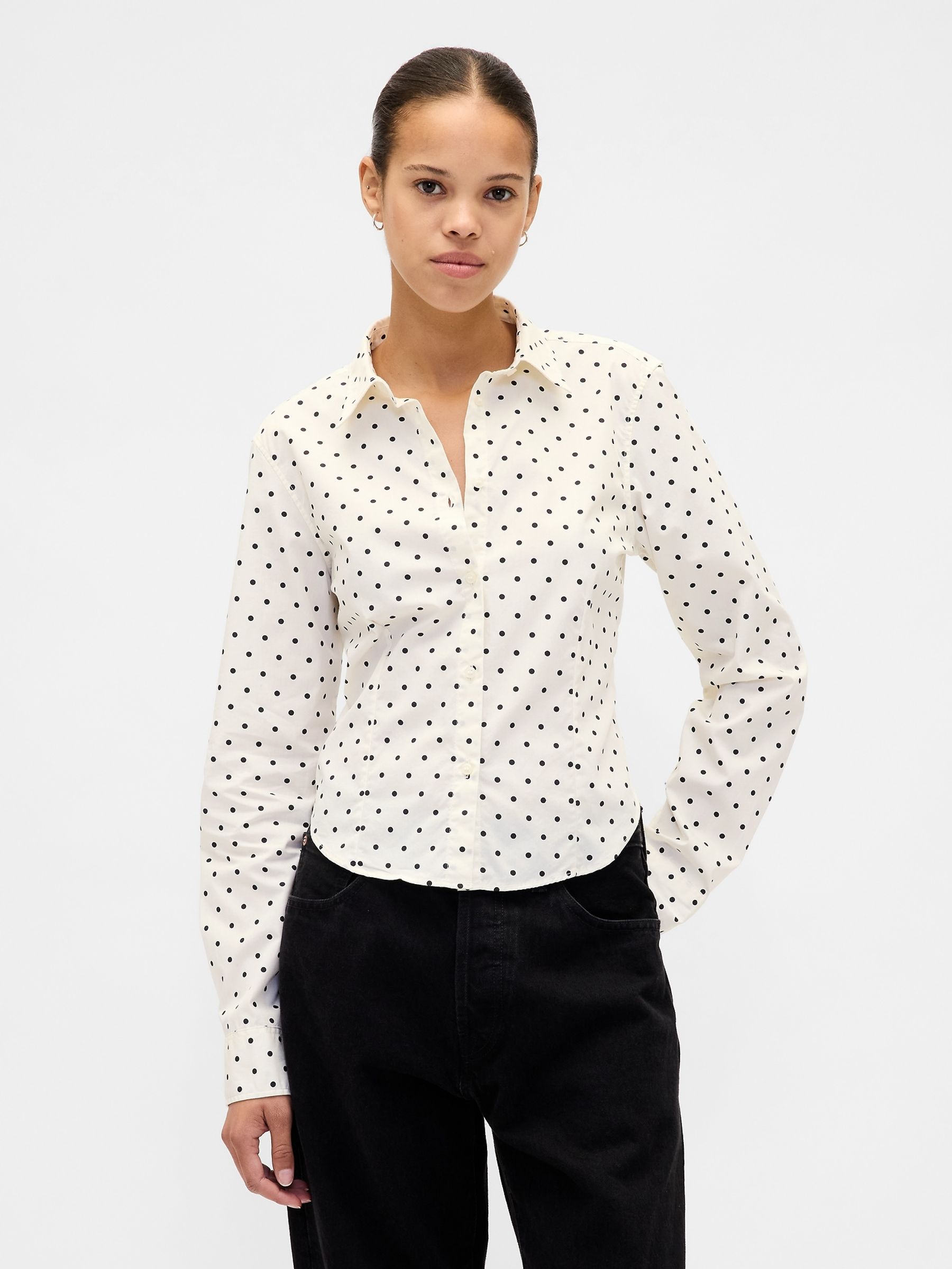 White Spotted Cotton Fitted Crop Shirt - Image 1 of 4 White Spotted Cotton Fitted Crop Shirt - Image 1 of 4