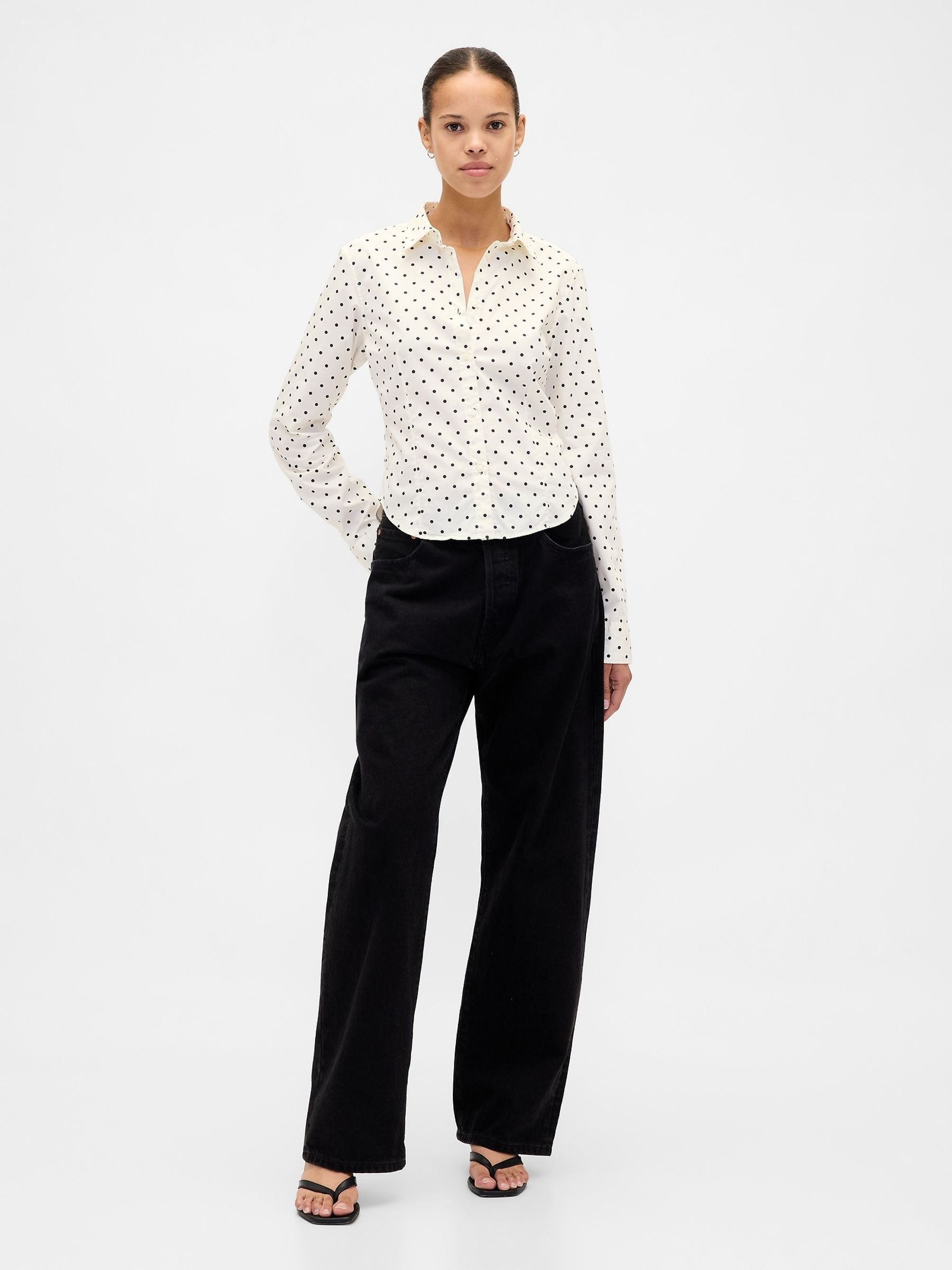 White Spotted Cotton Fitted Crop Shirt - Image 3 of 4