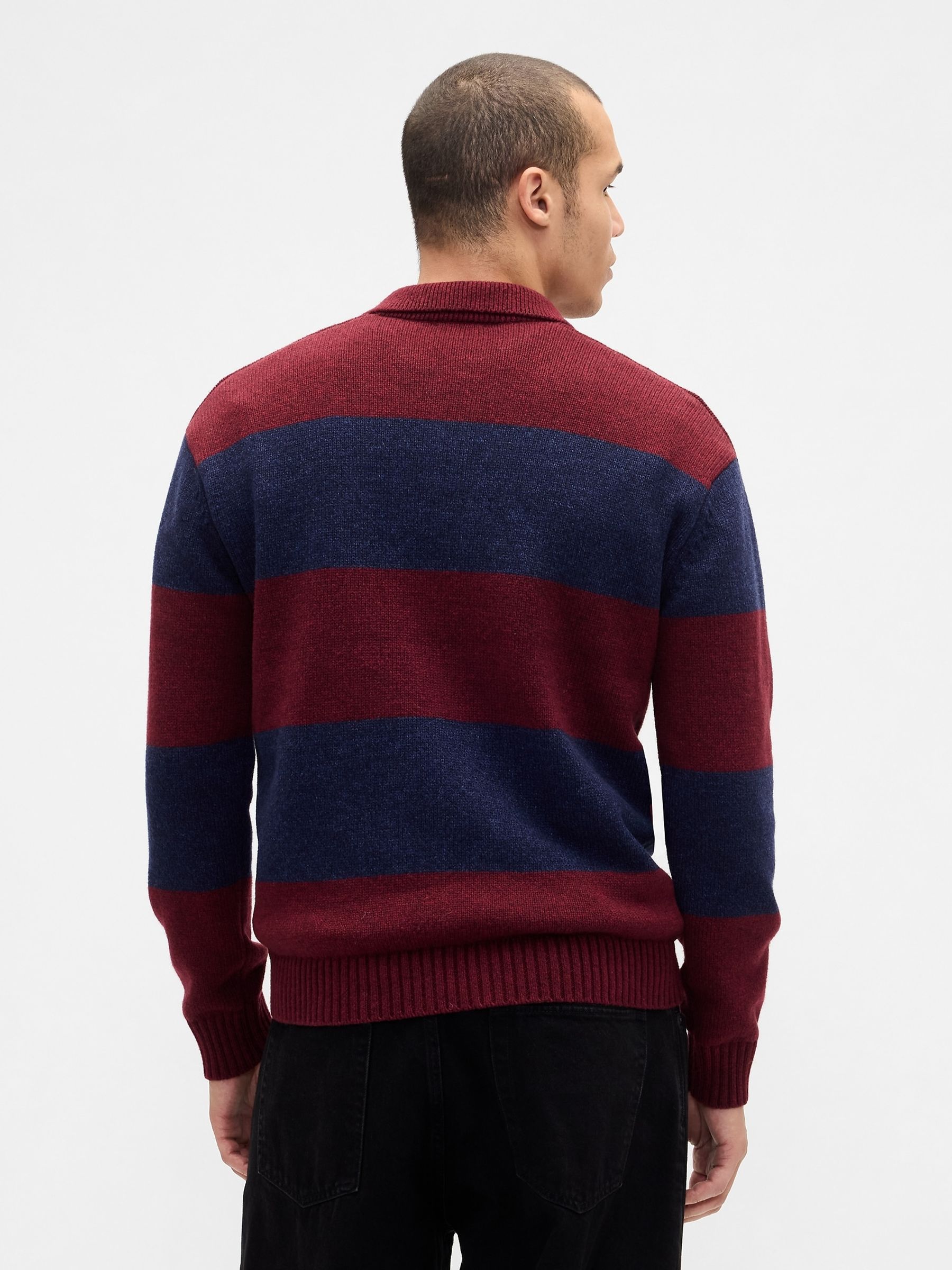 Burgundy Red Stripe Rugby Stripe Relaxed Polo Sweatshirt - Image 2 of 4 Burgundy Red Stripe Rugby Stripe Relaxed Polo Sweatshirt - Image 2 of 4
