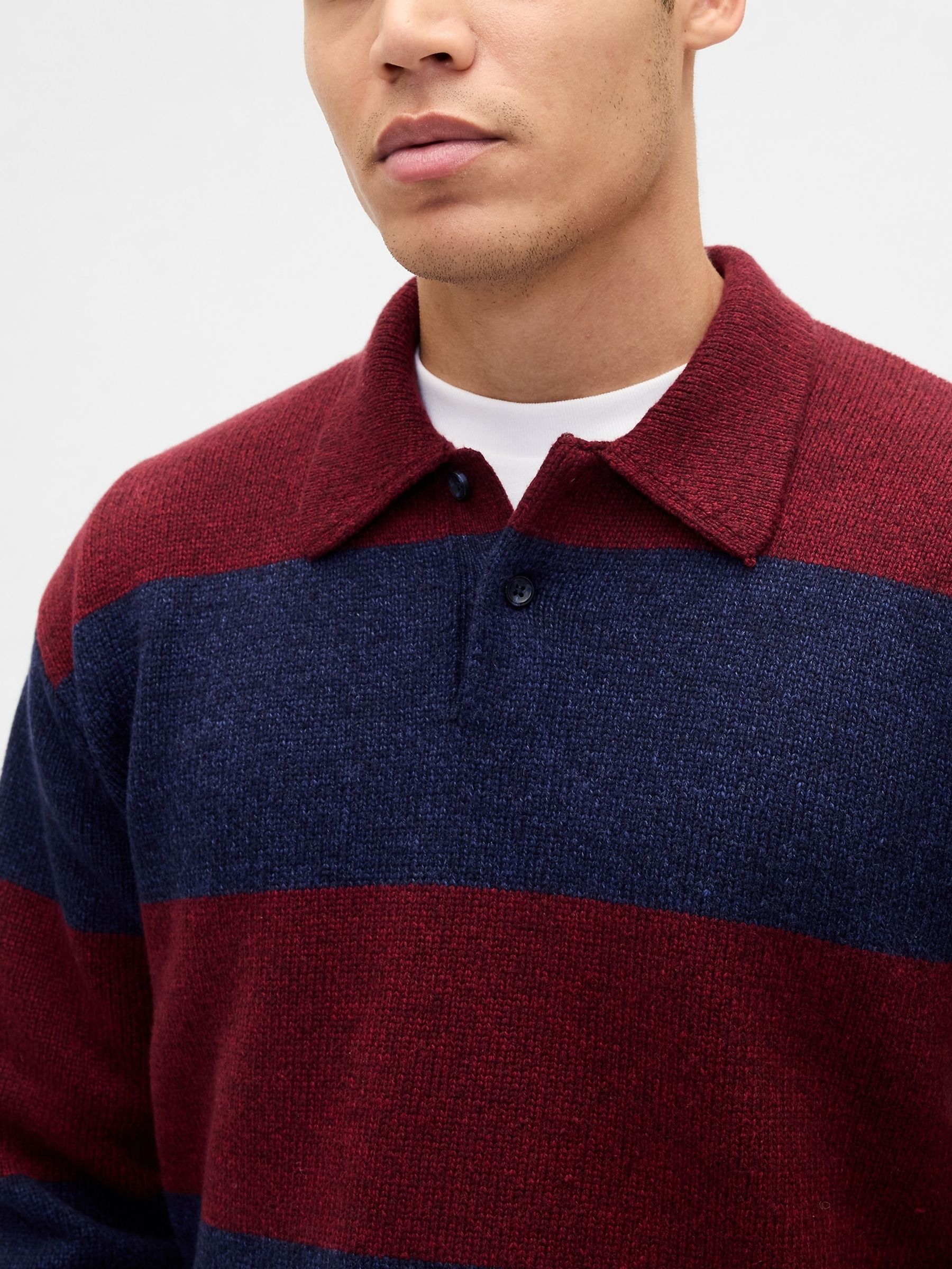 Burgundy Red Stripe Rugby Stripe Relaxed Polo Sweatshirt - Image 3 of 4