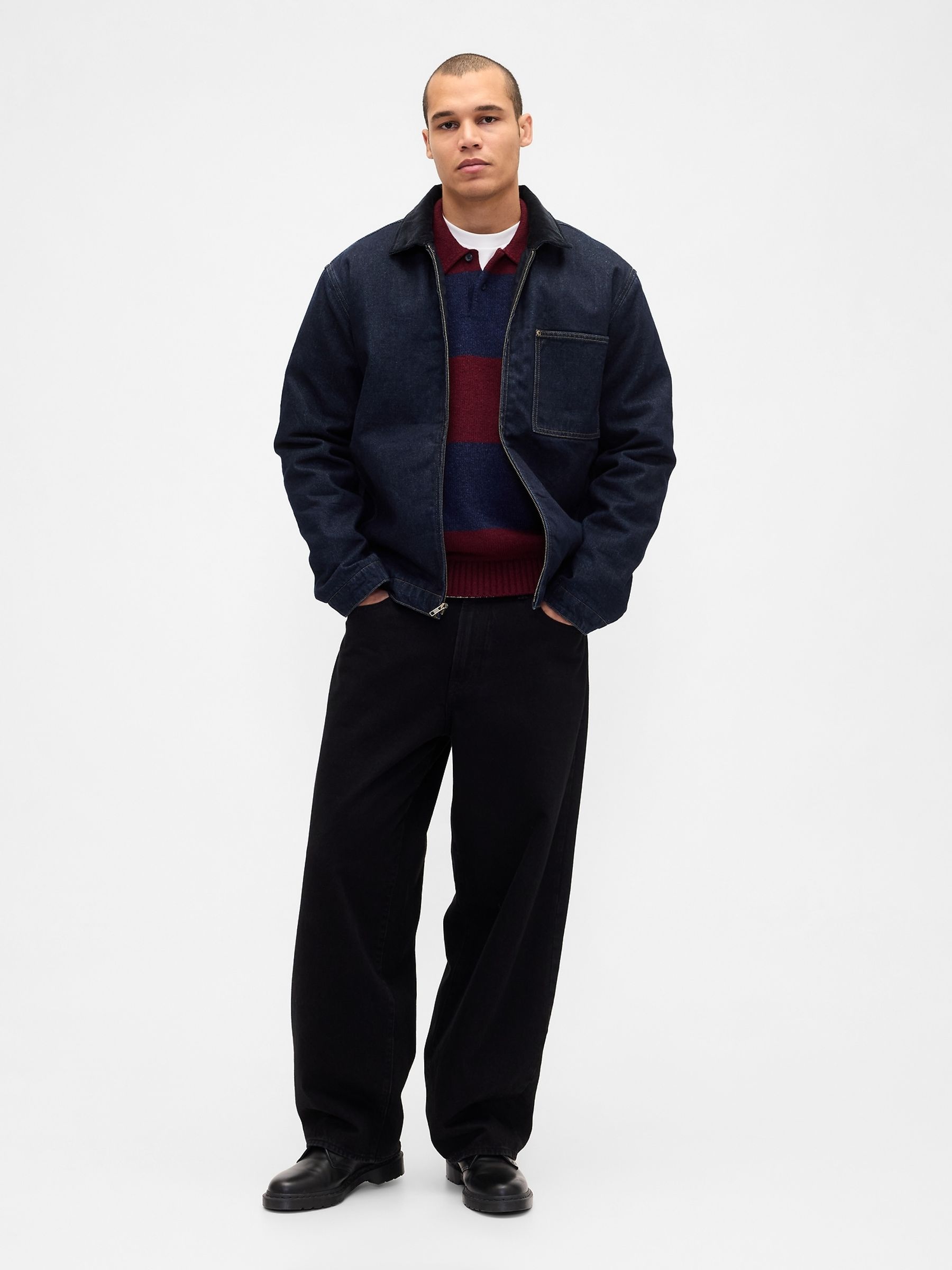 Burgundy Red Stripe Rugby Stripe Relaxed Polo Sweatshirt - Image 4 of 4 Burgundy Red Stripe Rugby Stripe Relaxed Polo Sweatshirt - Image 4 of 4
