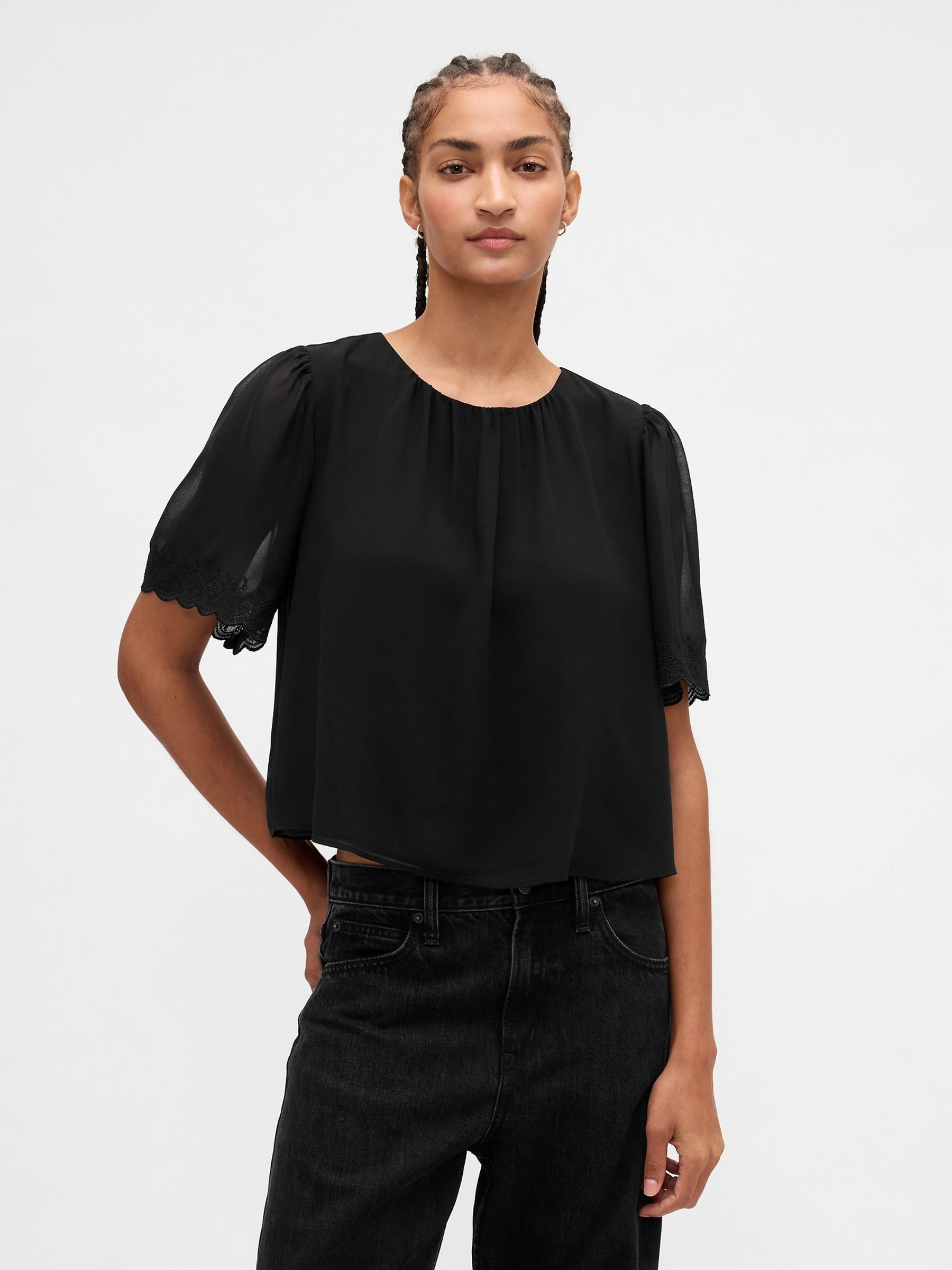 Black Scalloped Flutter-Sleeve Top - Image 1 of 4 Black Scalloped Flutter-Sleeve Top - Image 1 of 4