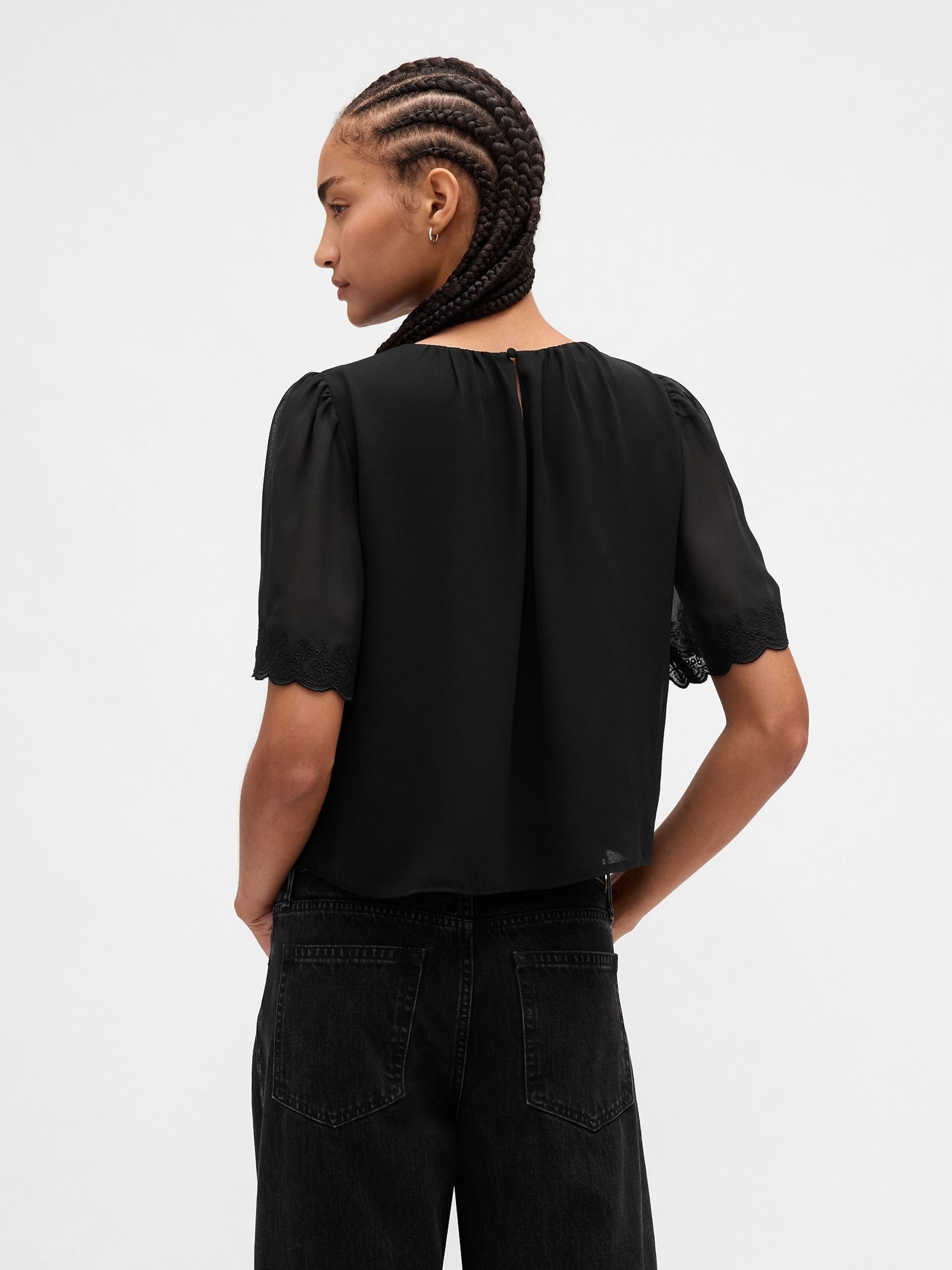 Black Scalloped Flutter-Sleeve Top - Image 2 of 4 Black Scalloped Flutter-Sleeve Top - Image 2 of 4
