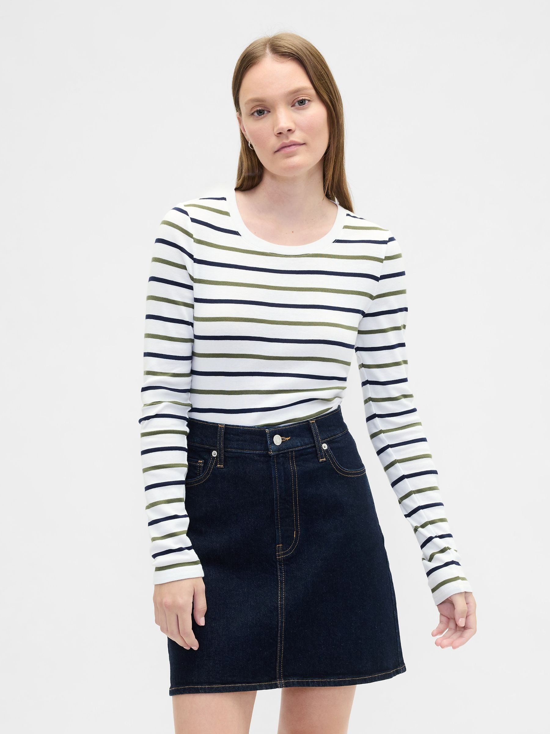 White/Green/Black stripe Modern Ribbed Stripe Crew Neck T-Shirt - Image 1 of 3 White/Green/Black stripe Modern Ribbed Stripe Crew Neck T-Shirt - Image 1 of 3