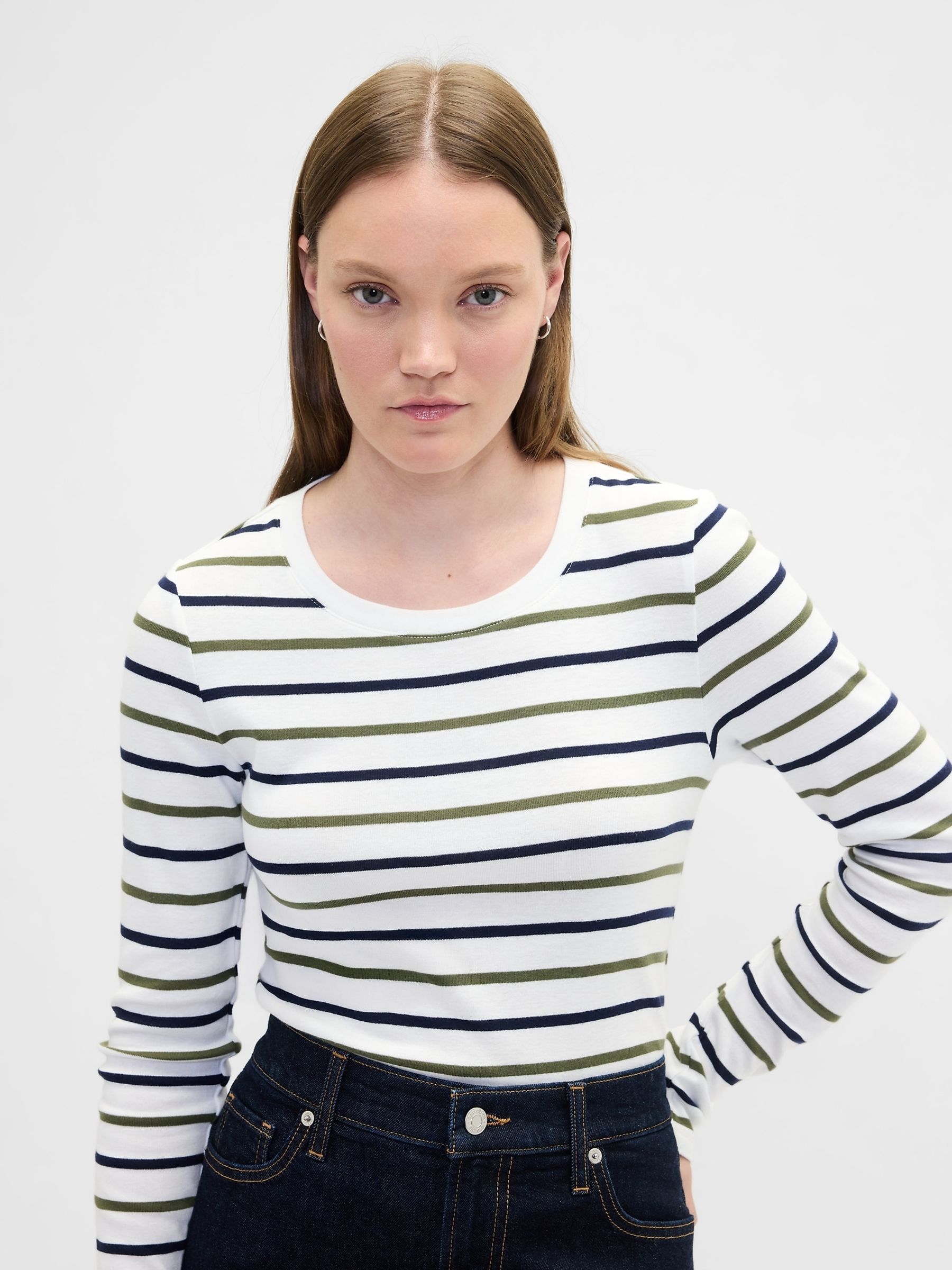 White/Green/Black stripe Modern Ribbed Stripe Crew Neck T-Shirt - Image 3 of 3
