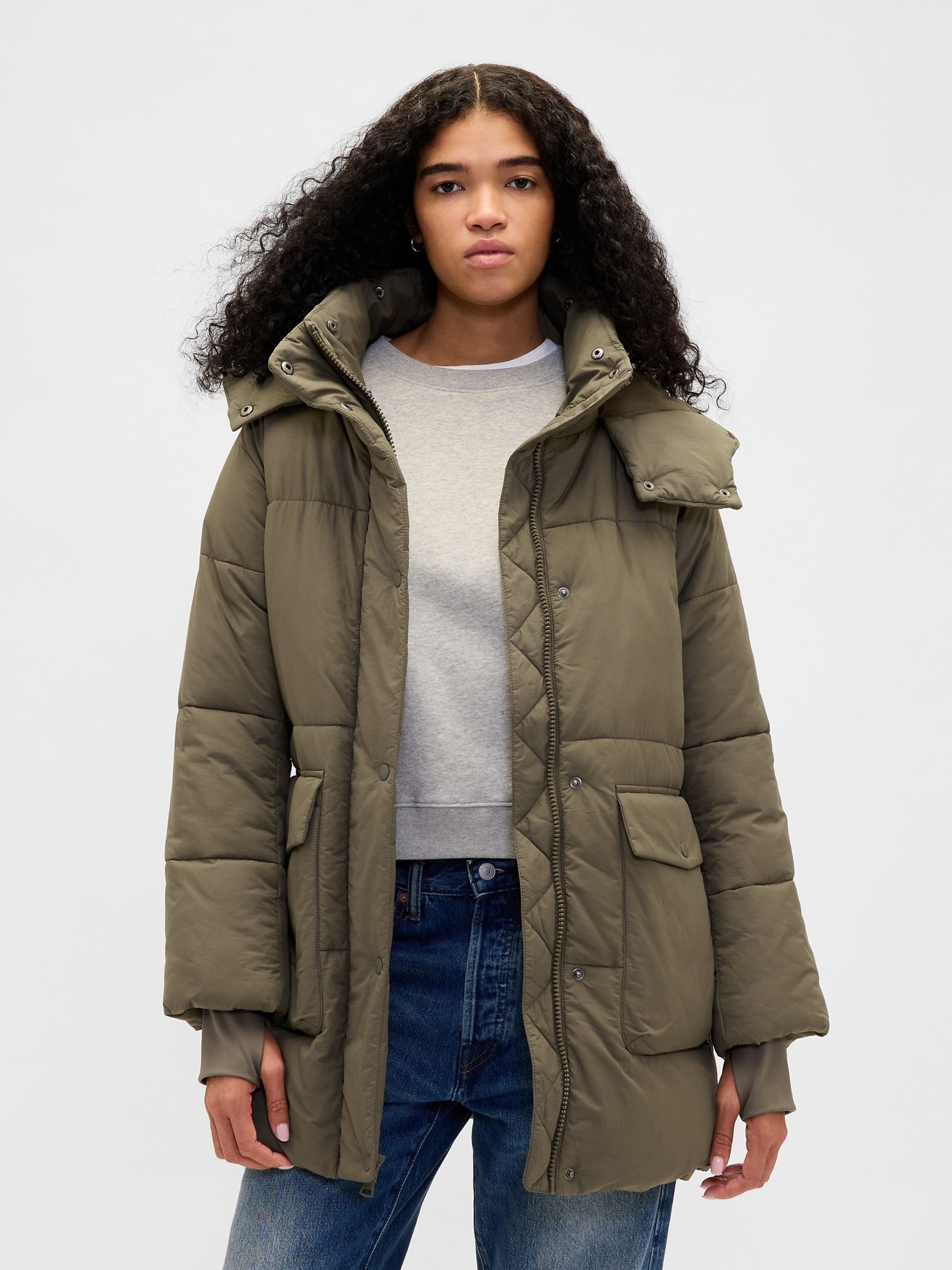 Green Faux Fur-Trim Midi Puffer Jacket - Image 1 of 4