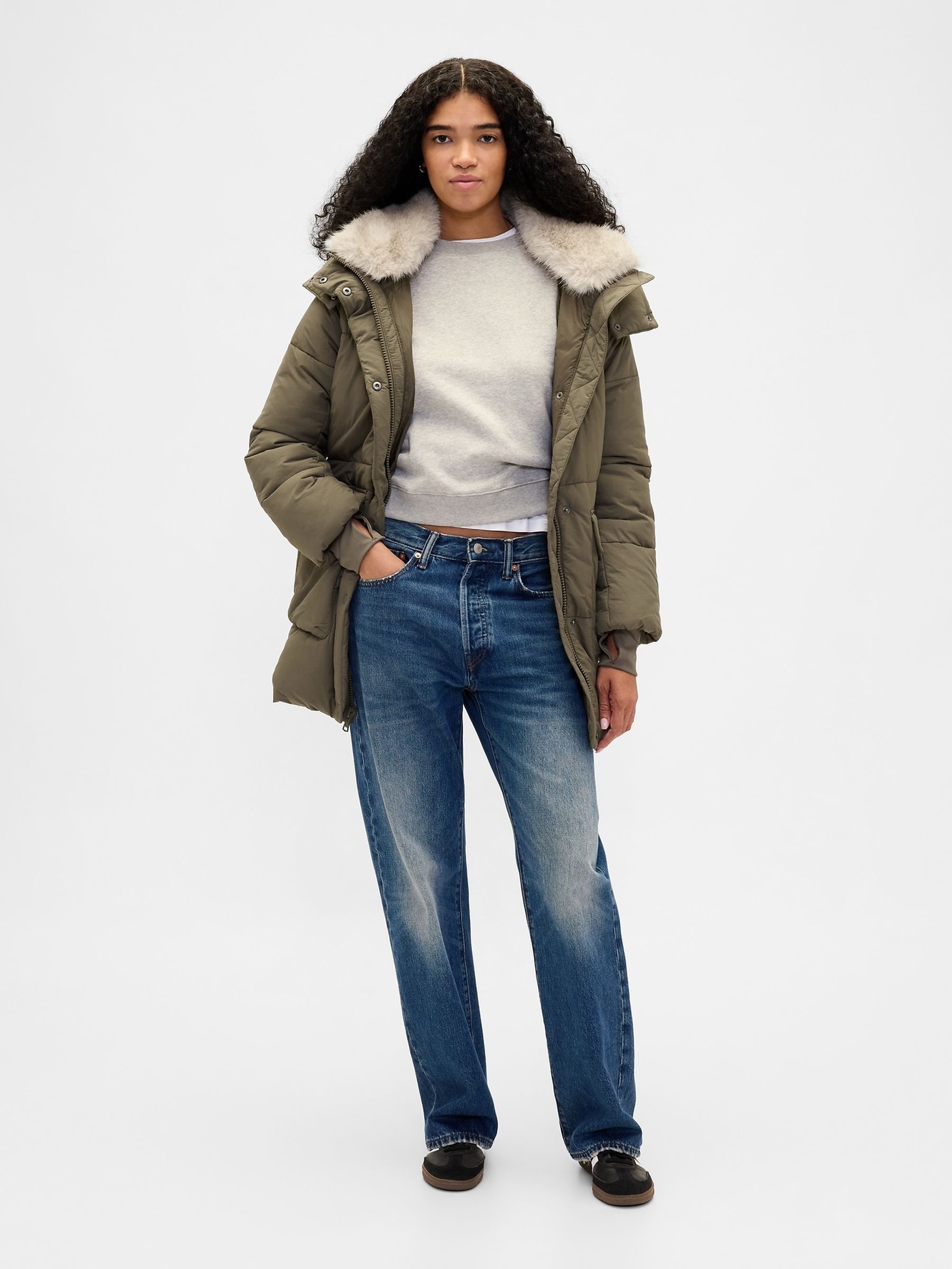 Green Faux Fur-Trim Midi Puffer Jacket - Image 3 of 4