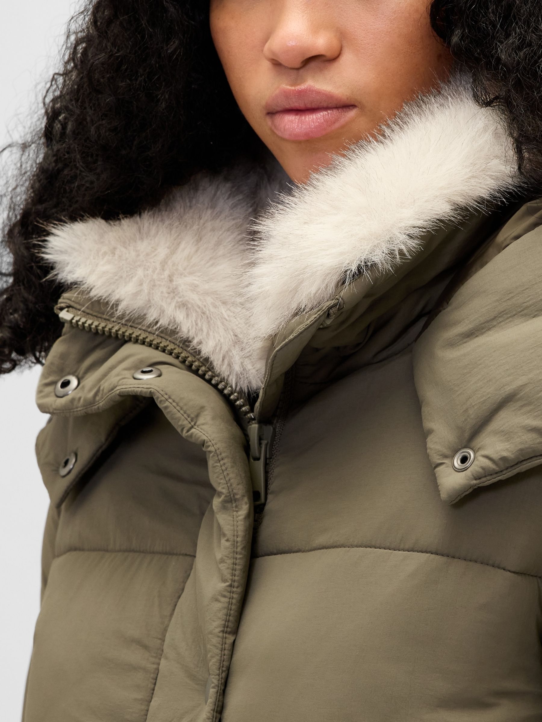 Green Faux Fur-Trim Midi Puffer Jacket - Image 4 of 4