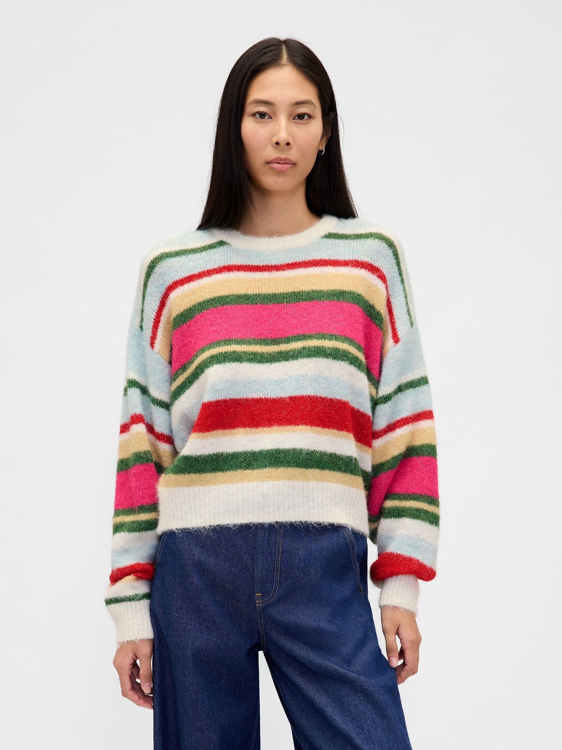Multi Oversized Fuzzy Crew Neck Jumper - Image 1 of 4 Multi Oversized Fuzzy Crew Neck Jumper - Image 1 of 4