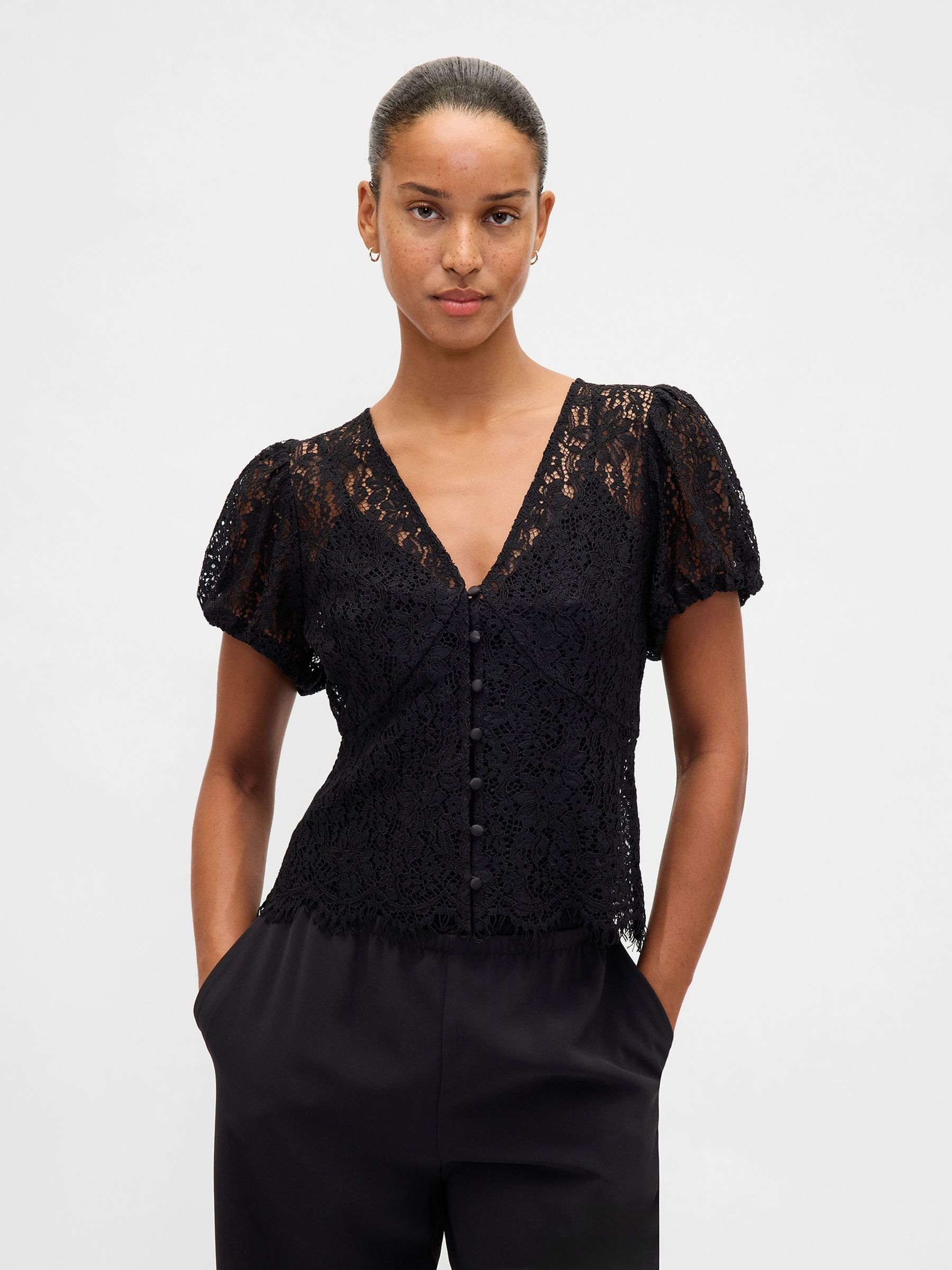 Black Lace V-Neck Top - Image 1 of 4