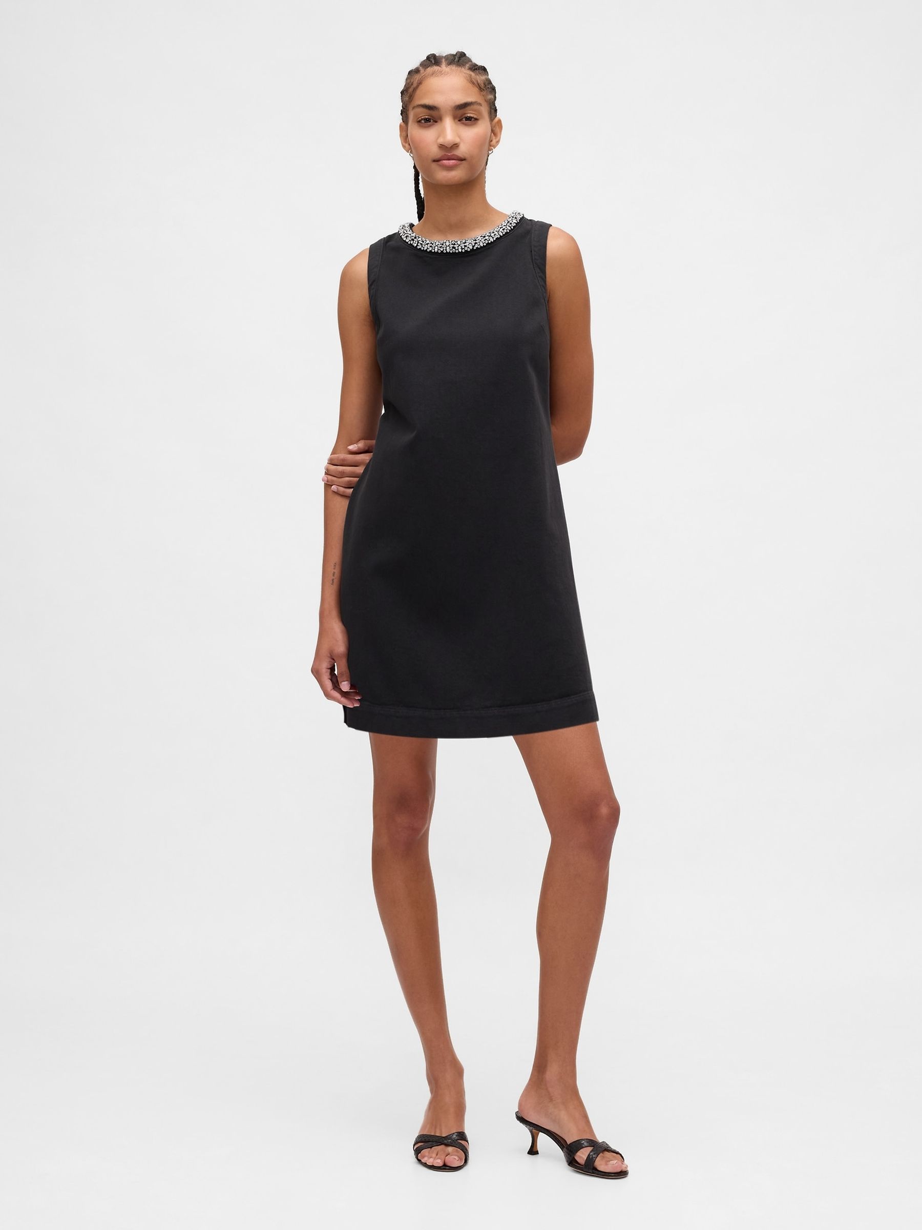 Black Jewel-Neck Mini Shift Dress - Image 1 of 4