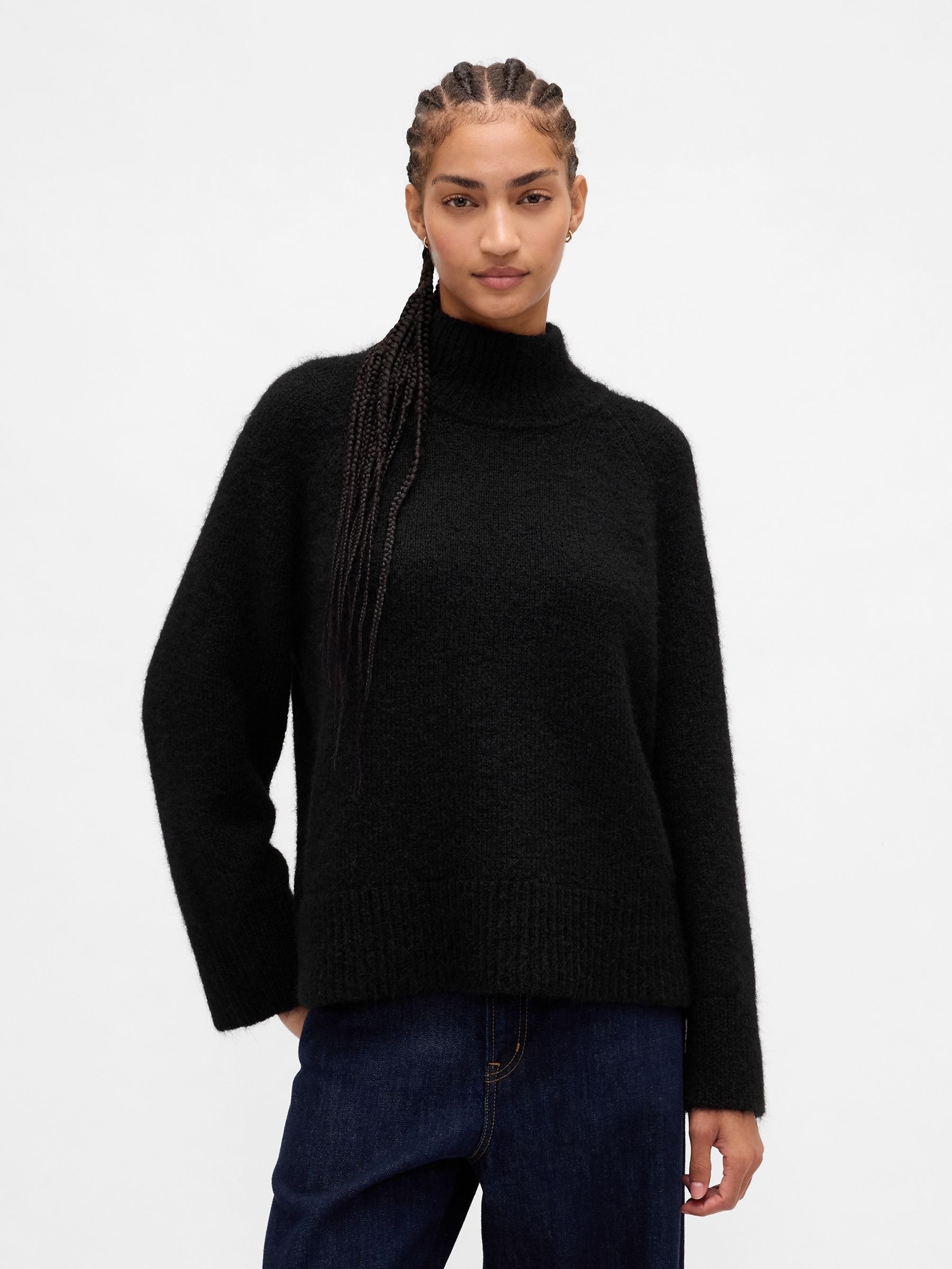 Black Oversized Fuzzy Turtle Neck Jumper - Image 1 of 4