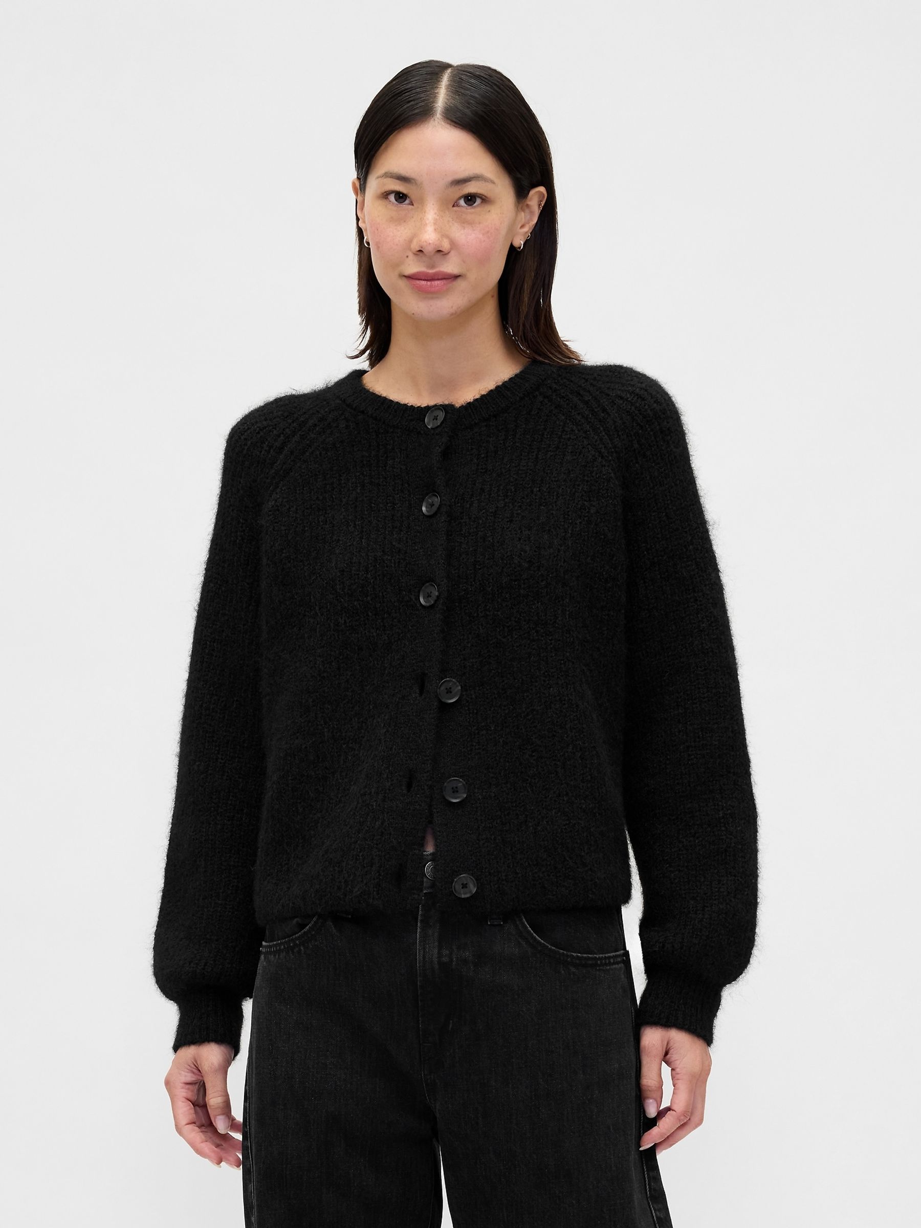 Black Fuzzy Shaker Stitch Cardigan - Image 1 of 4